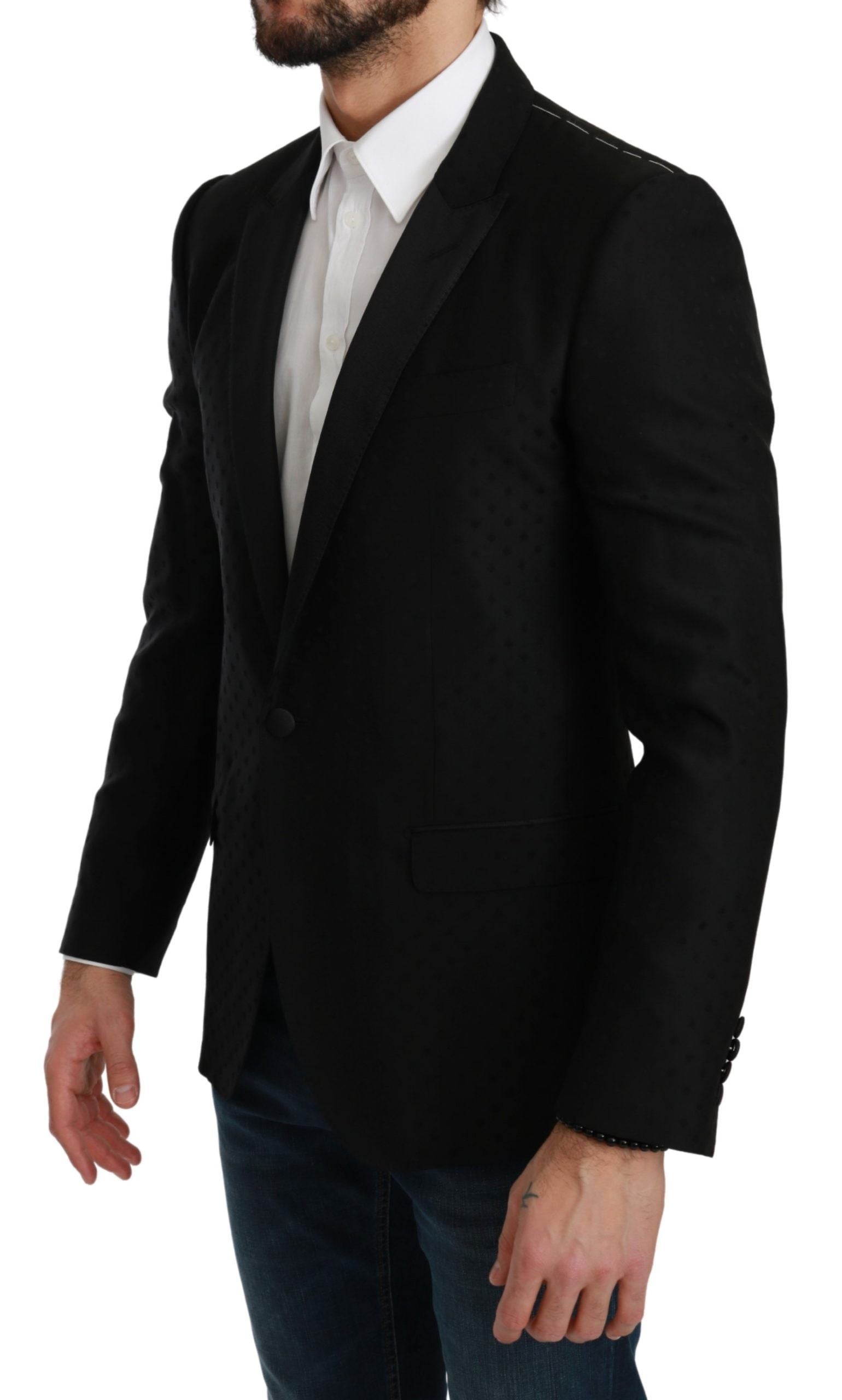 Elegant Black Polka Dotted Wool Blend Blazer - ventzia