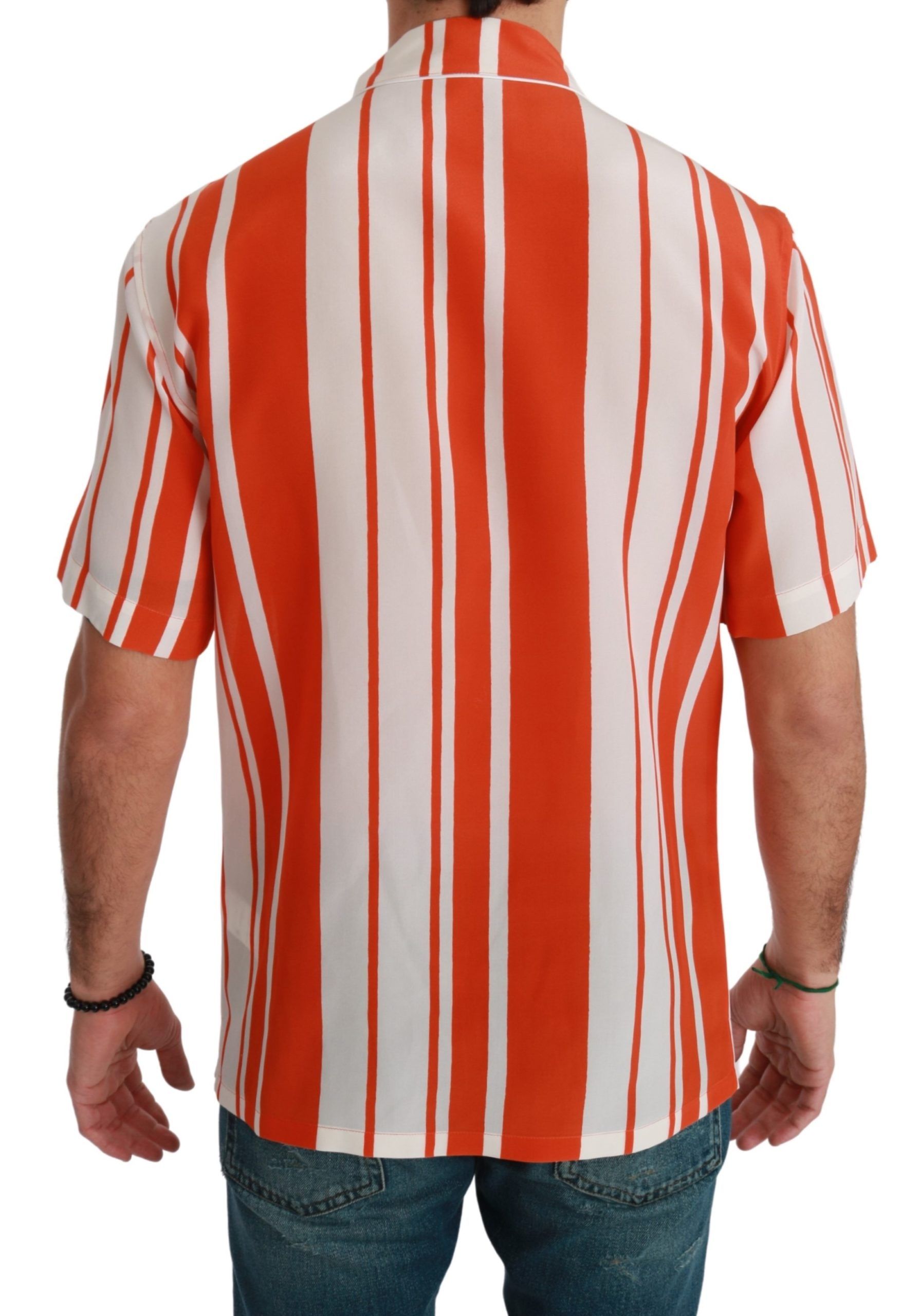 Elegant Striped Silk Shirt - White & Orange - ventzia