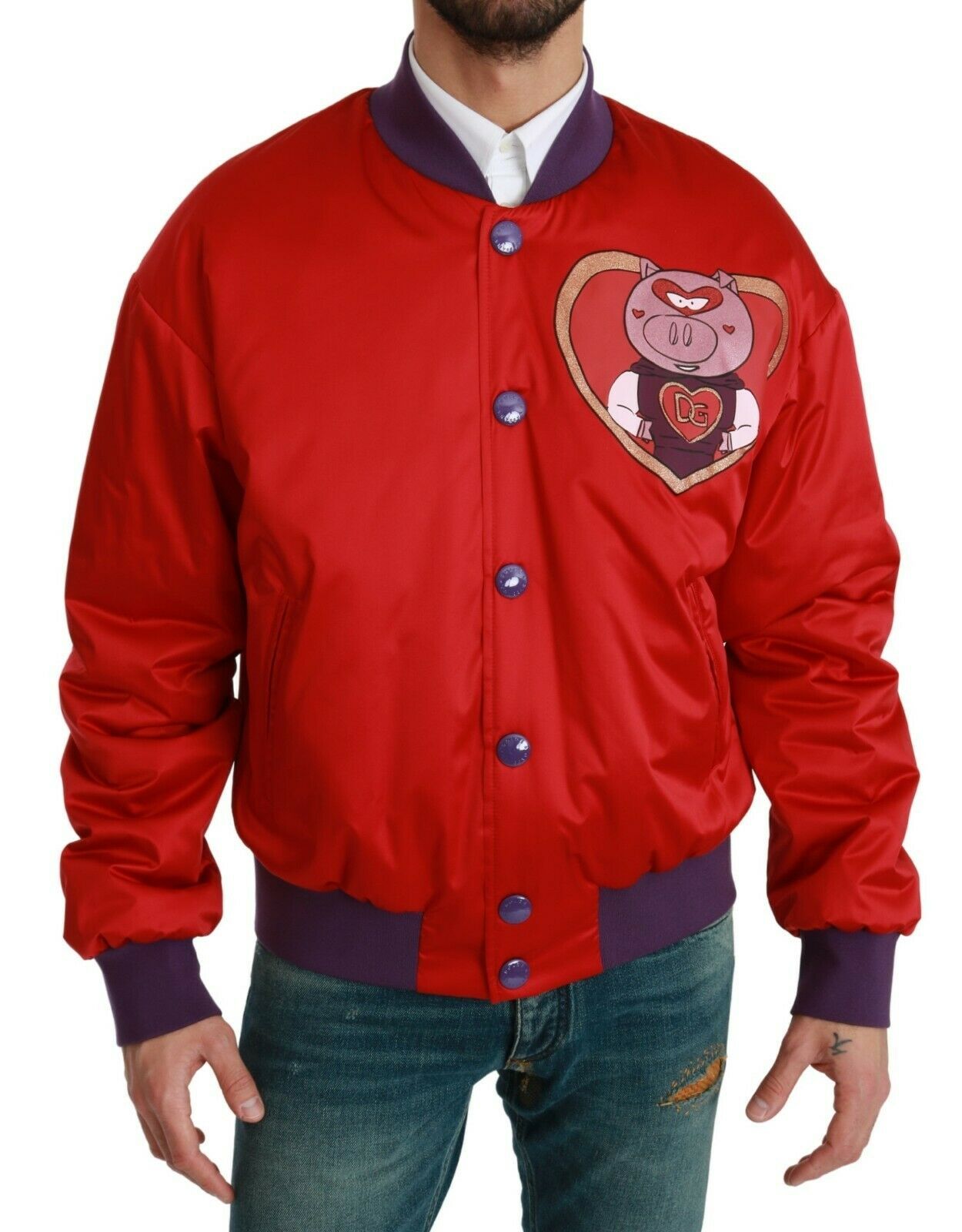 Vibrant Red Bomber Jacket with Multicolor Motif - ventzia
