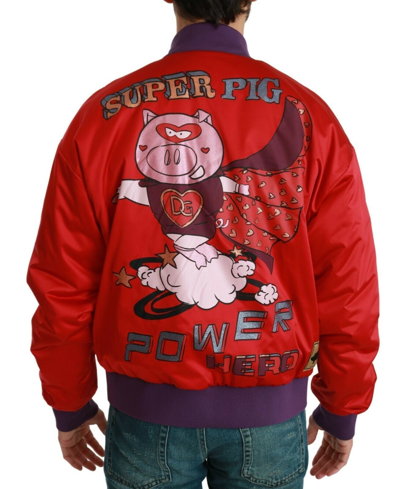 Vibrant Red Bomber Jacket with Multicolor Motif - ventzia