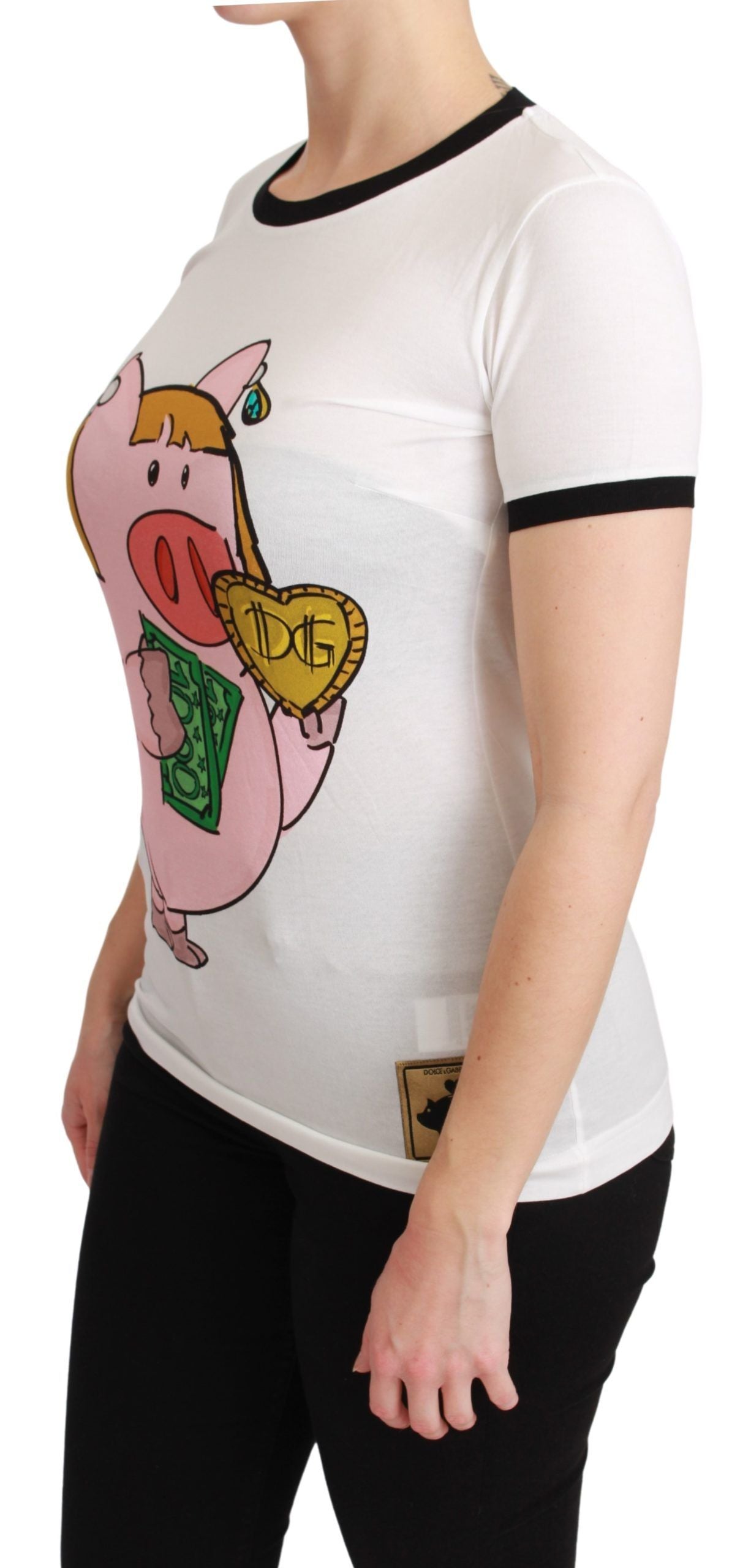 Elegant White Cotton Crewneck Tee with Motive - ventzia