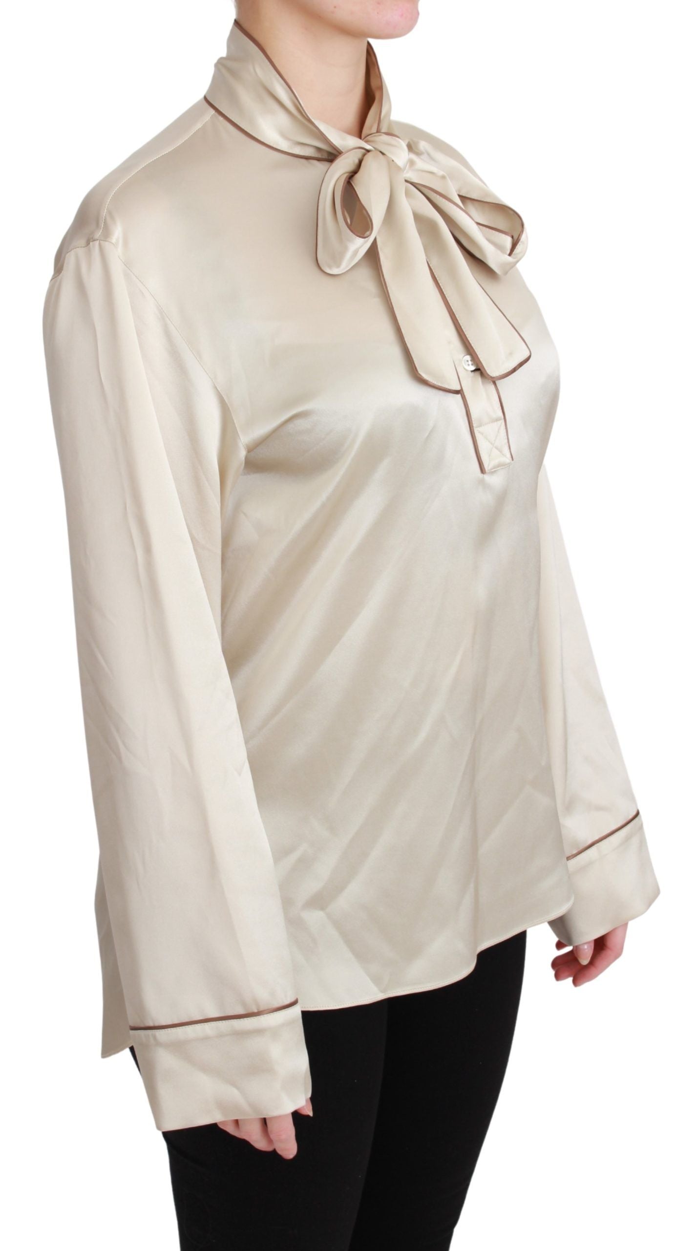 Elegant Beige Silk Satin Blouse with QUEEN Embroidery - ventzia