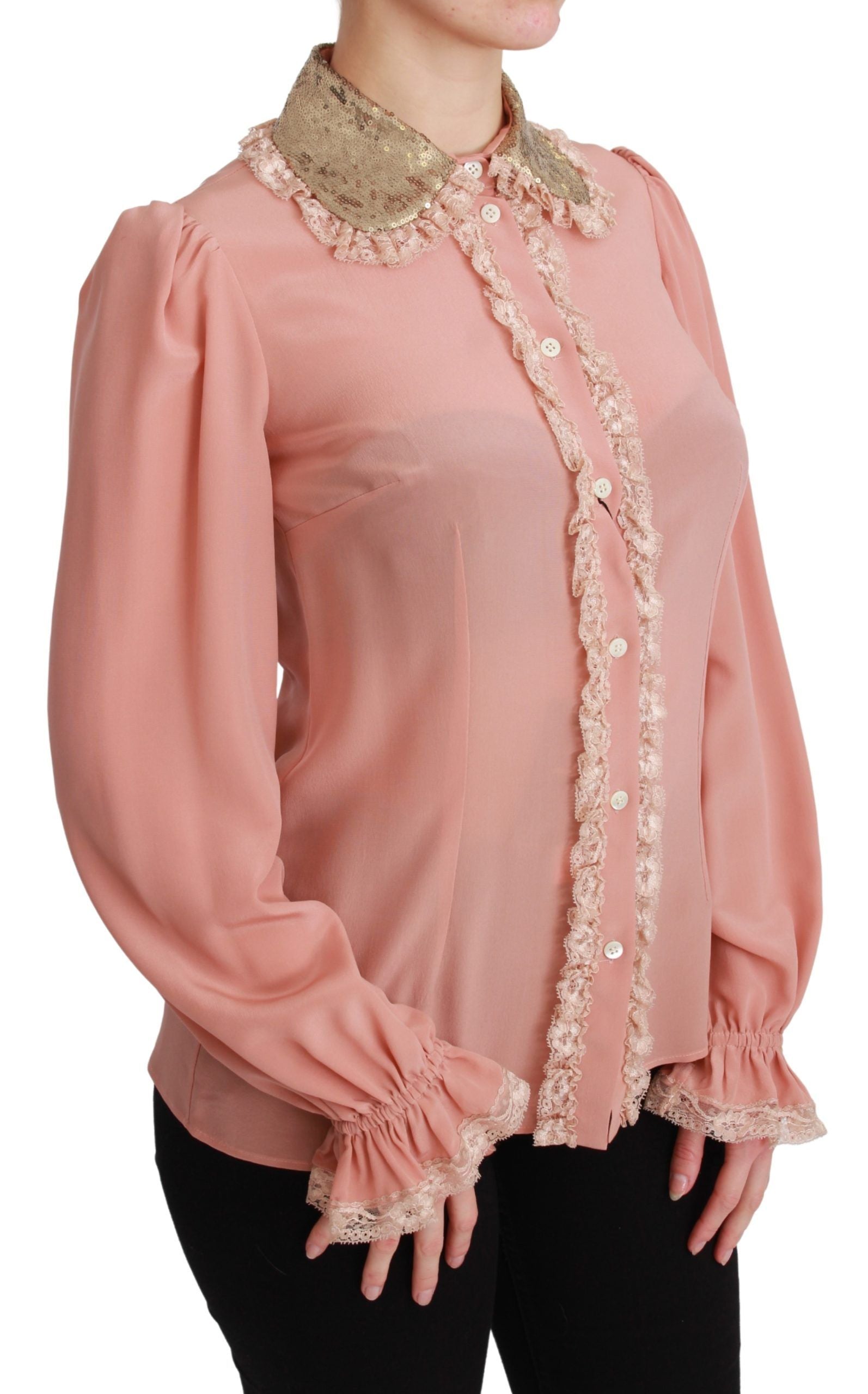 Elegant Pink Lace Silk Blouse with Gold Sequins - ventzia