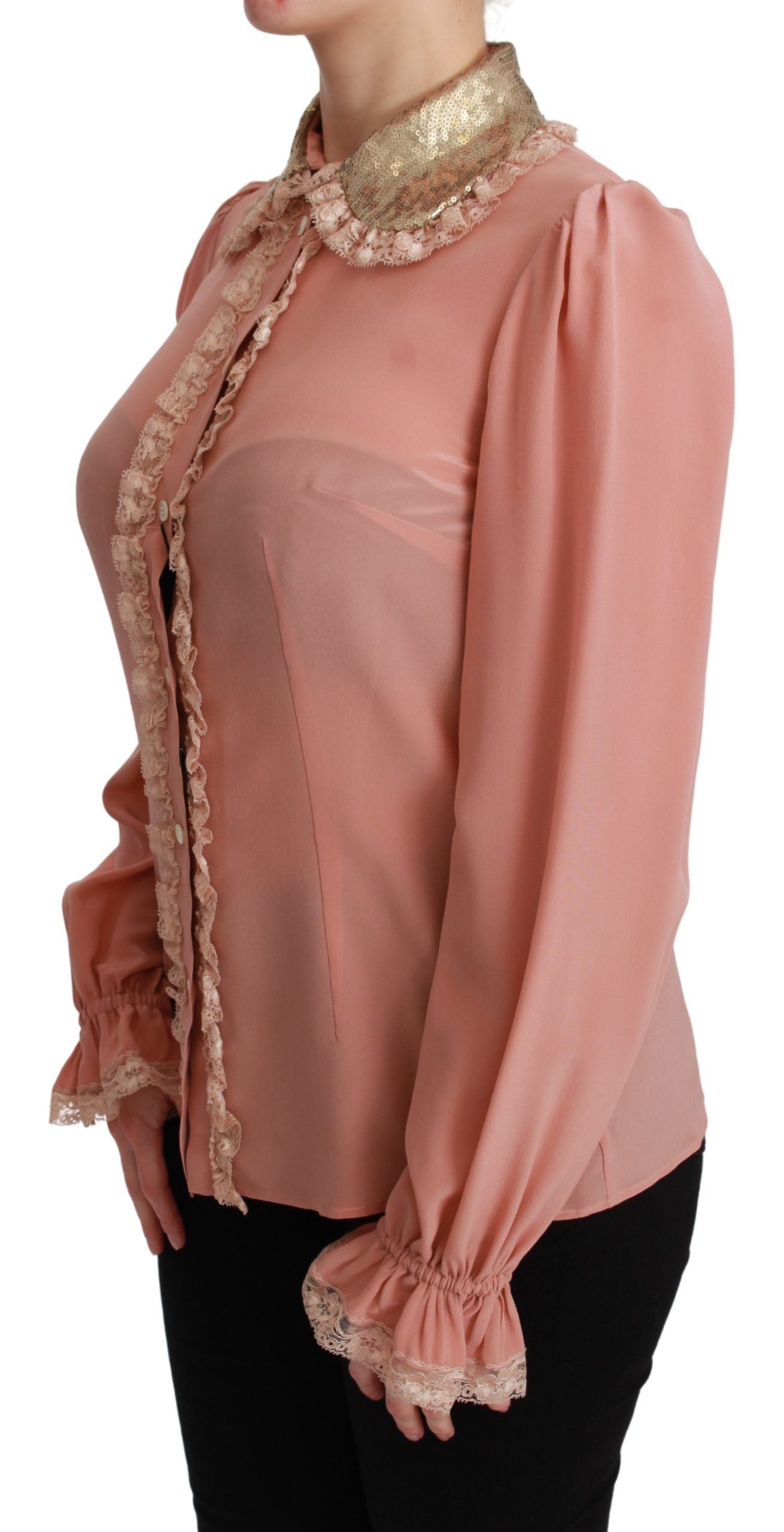 Elegant Pink Lace Silk Blouse with Gold Sequins - ventzia