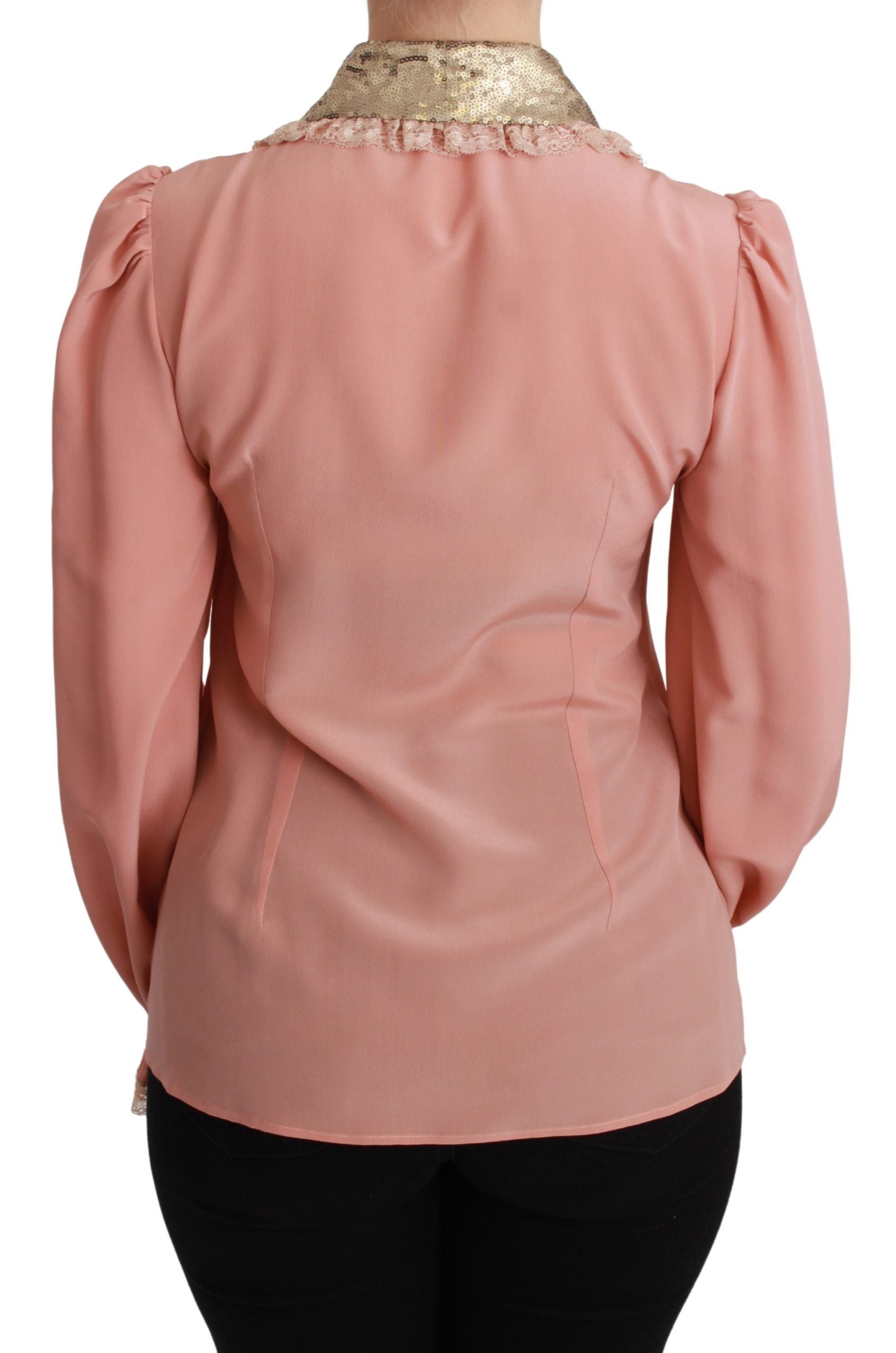Elegant Pink Lace Silk Blouse with Gold Sequins - ventzia