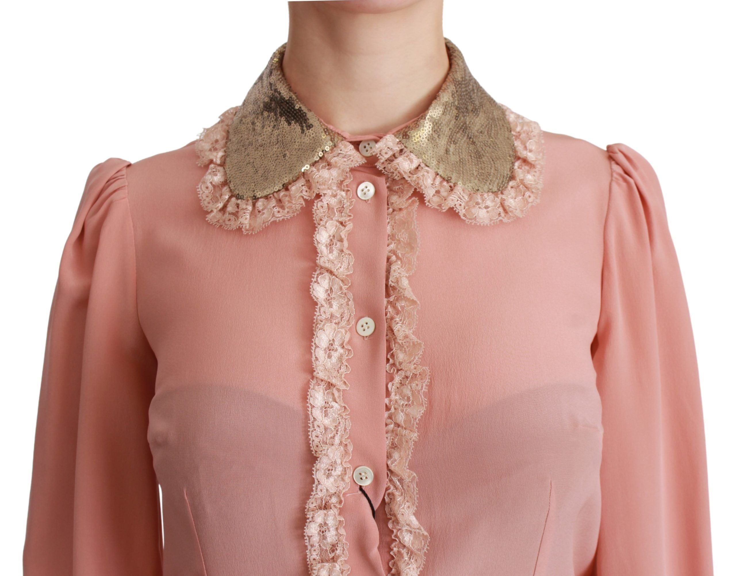 Elegant Pink Lace Silk Blouse with Gold Sequins - ventzia