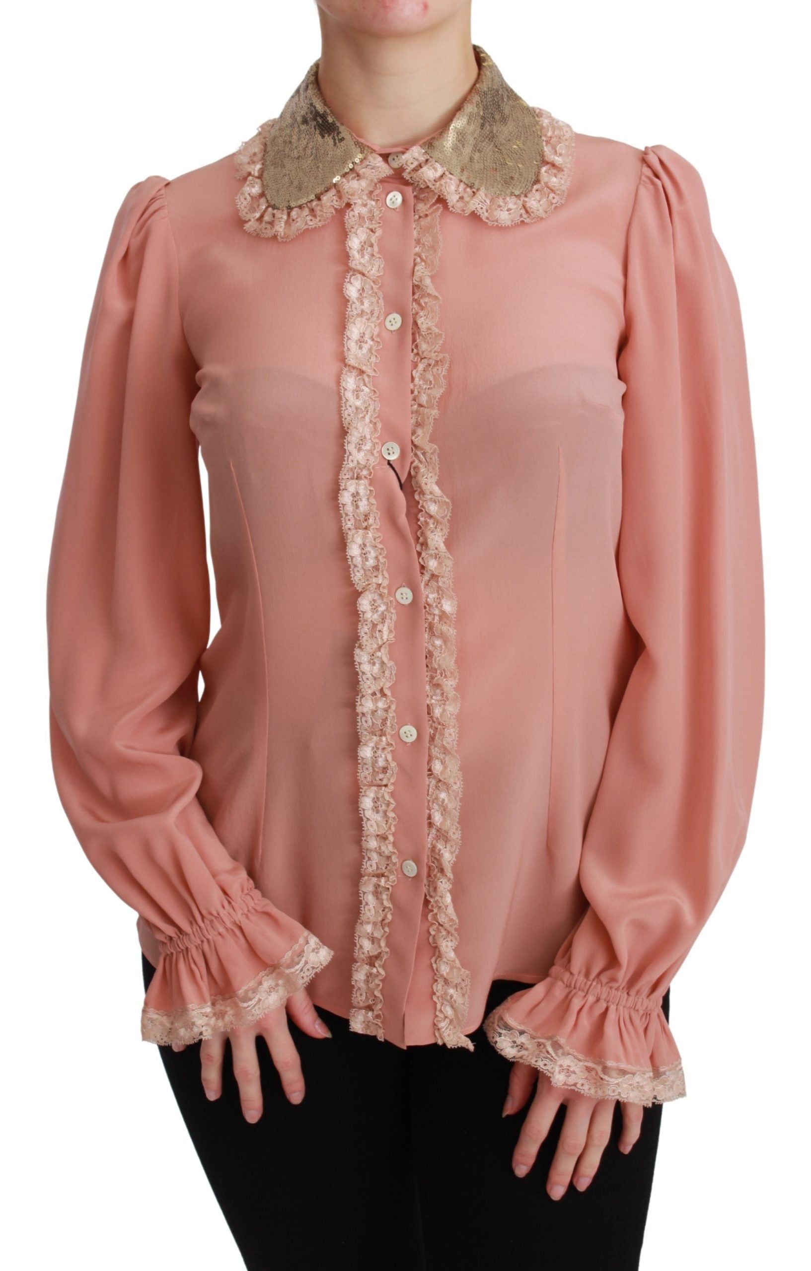 Elegant Pink Lace Silk Blouse with Gold Sequins - ventzia