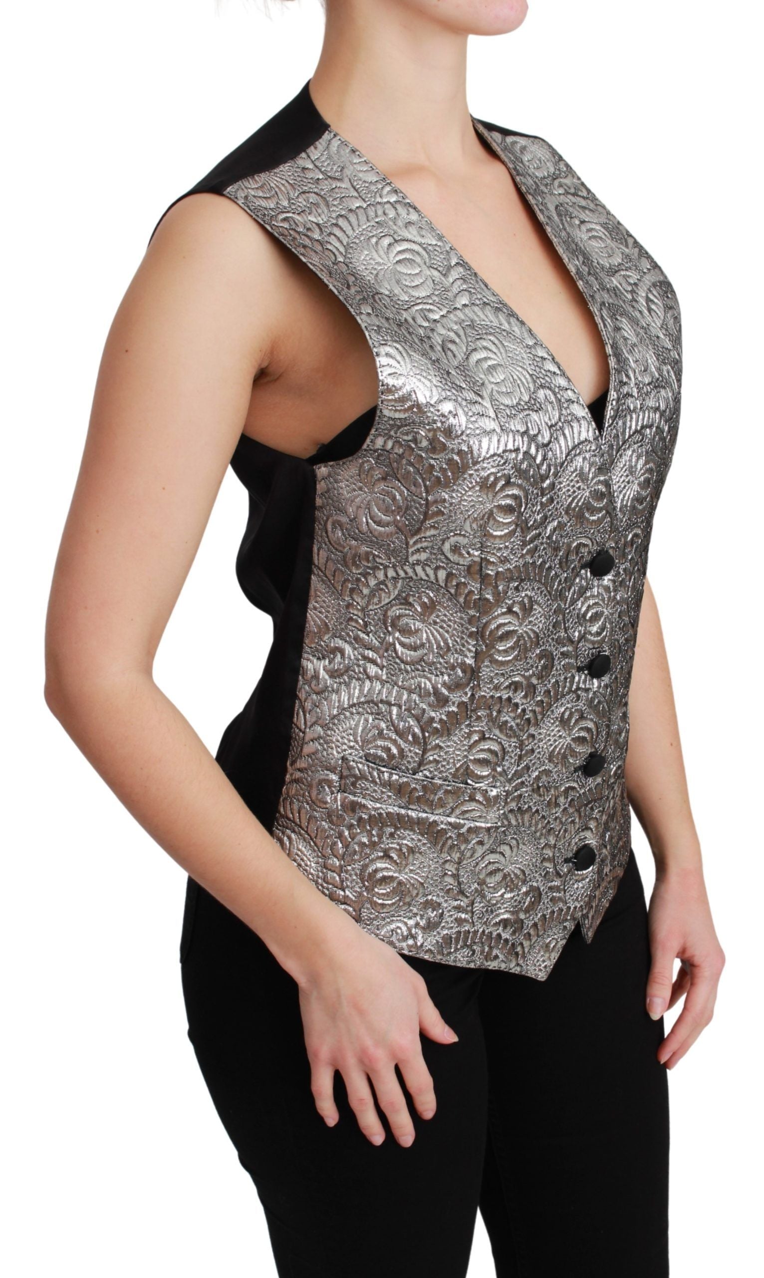 Elegant Silver Sleeveless Brocade Vest - ventzia