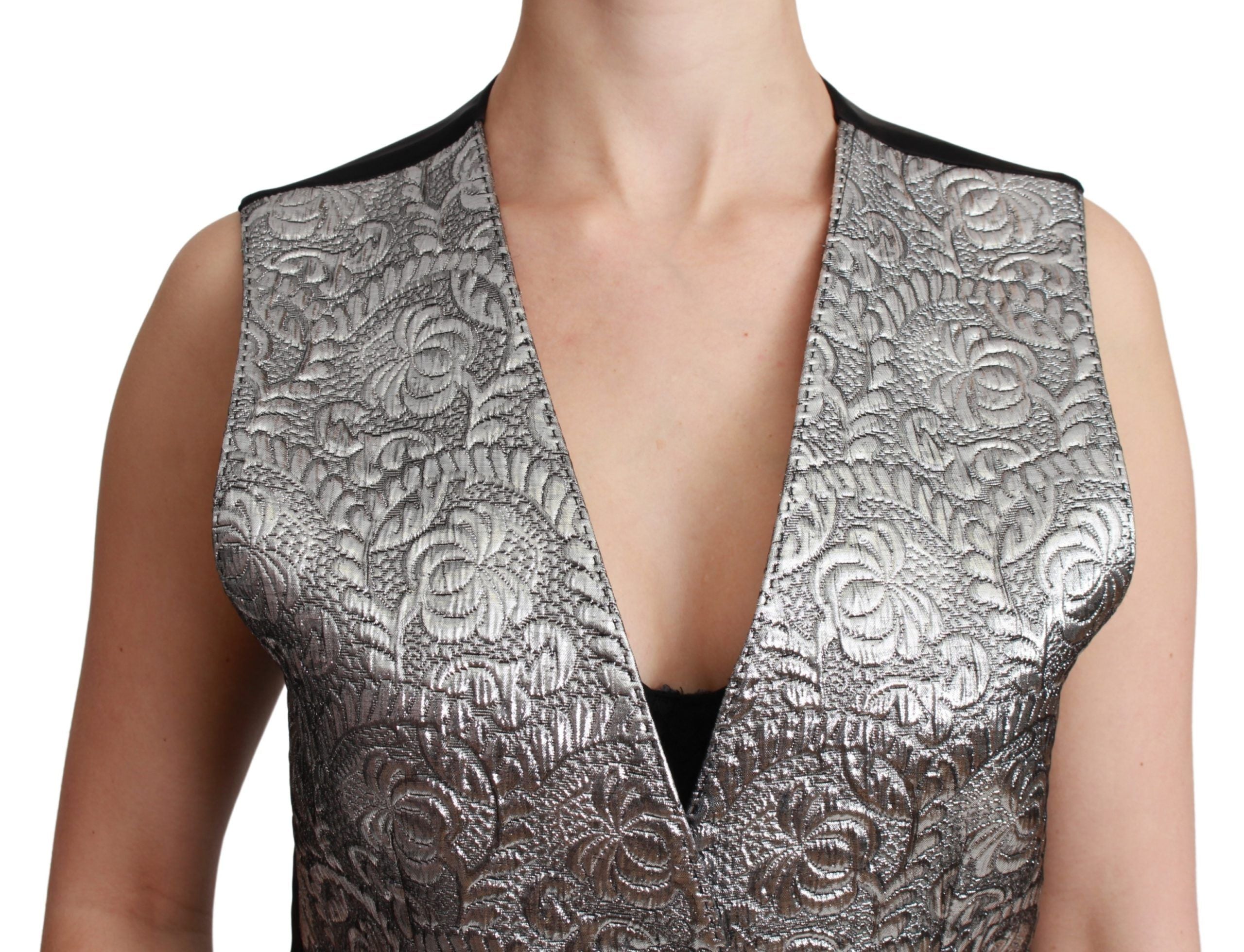 Elegant Silver Sleeveless Brocade Vest - ventzia