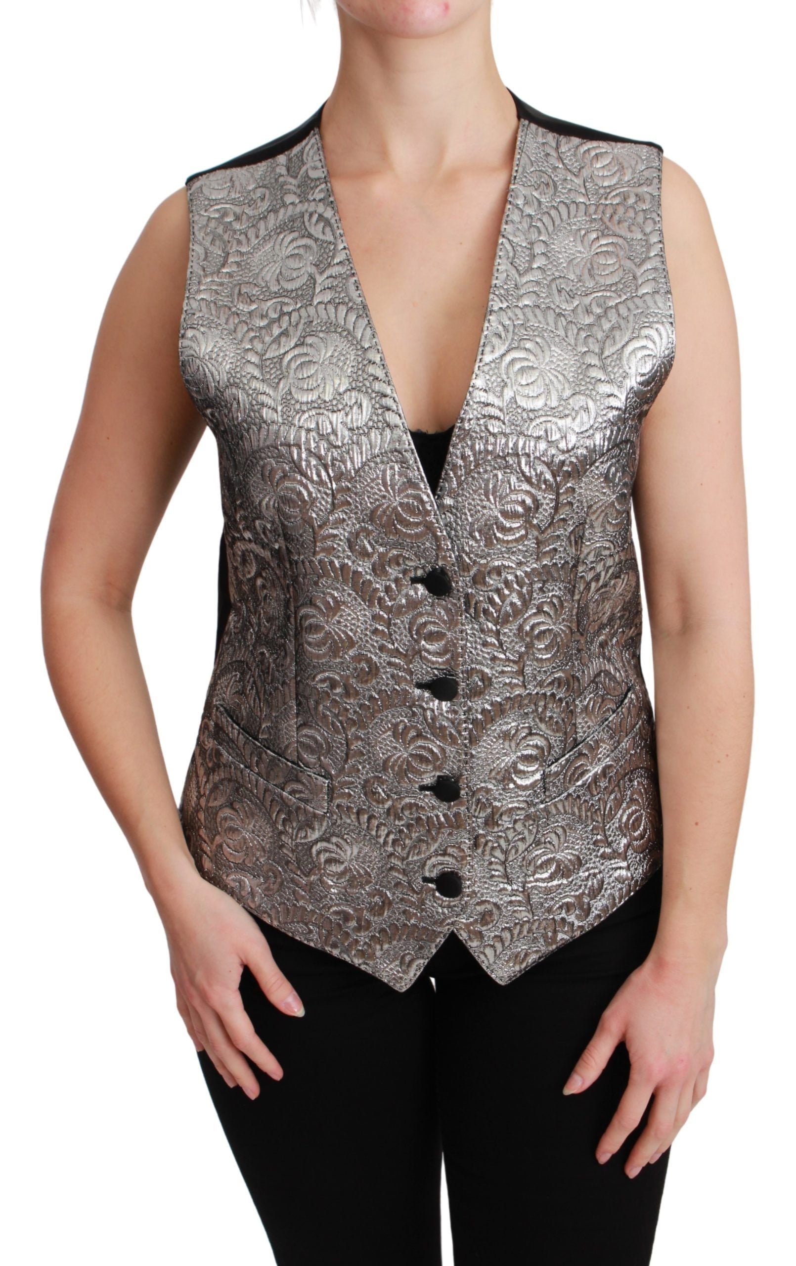 Elegant Silver Sleeveless Brocade Vest - ventzia