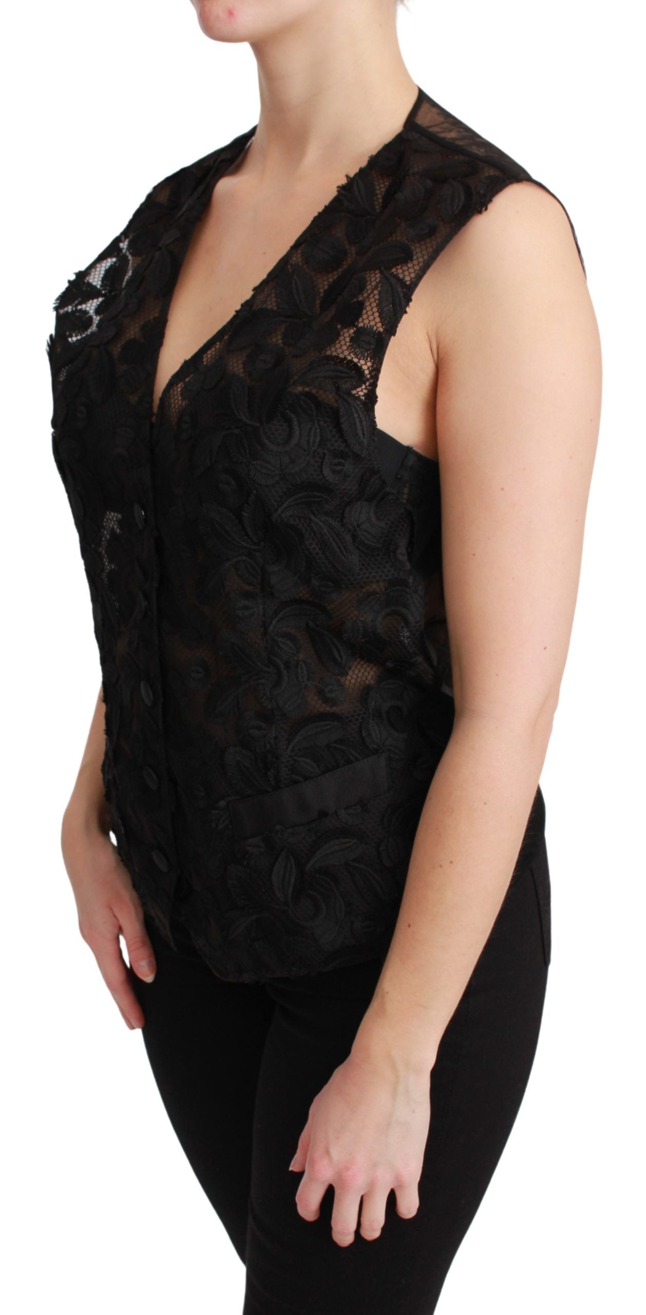 Elegant Floral Black Silk Blend Vest - ventzia