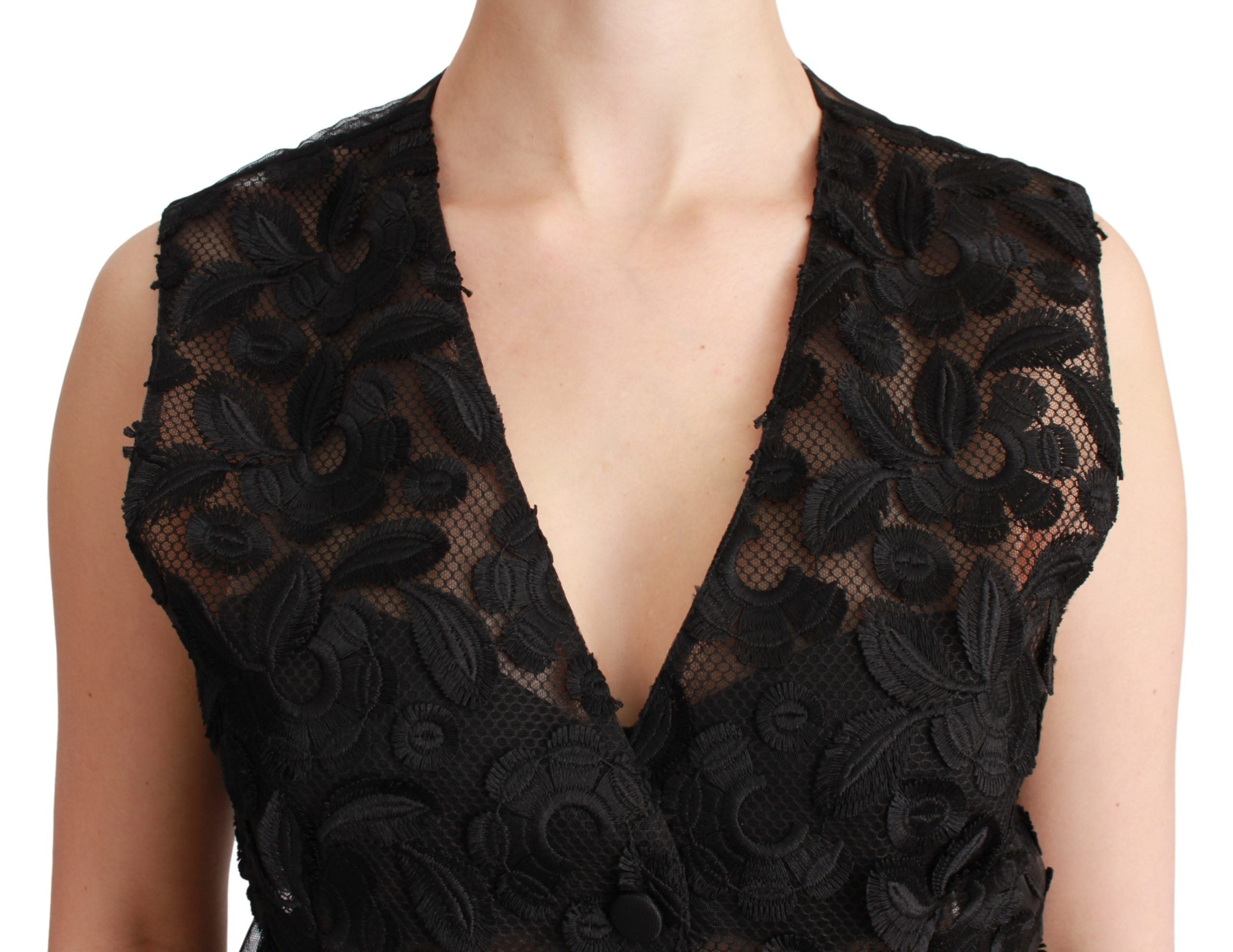 Elegant Floral Black Silk Blend Vest - ventzia