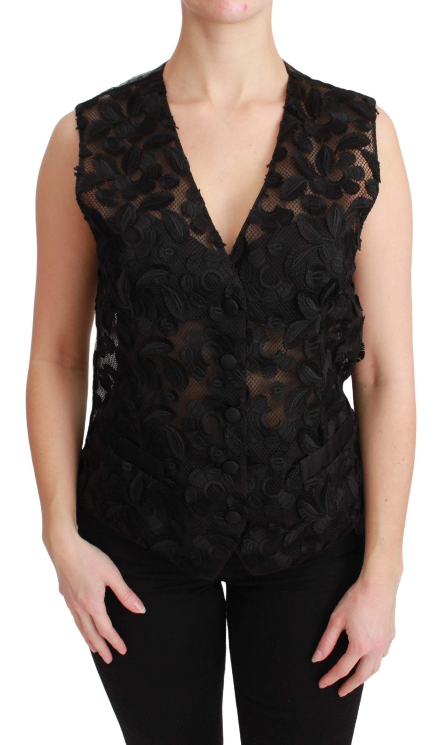 Elegant Floral Black Silk Blend Vest - ventzia