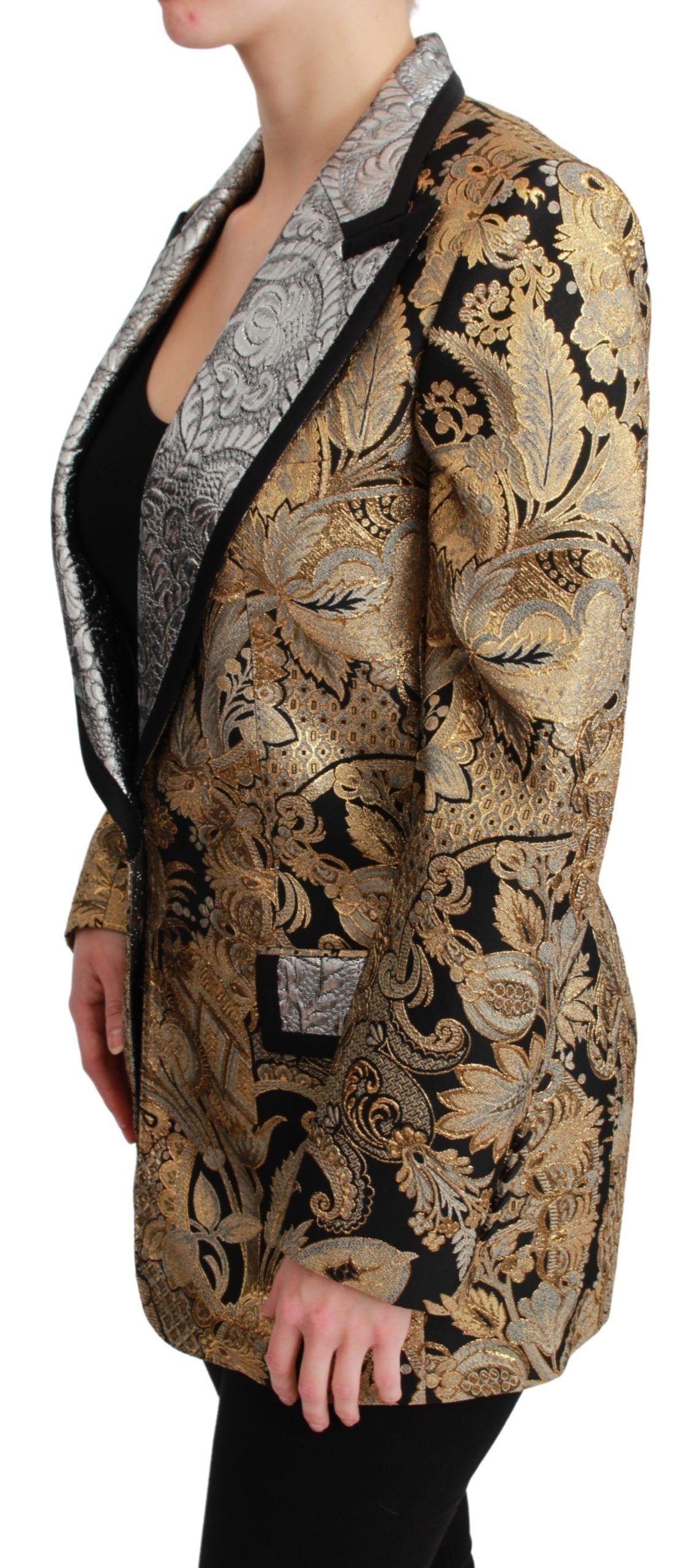 Elegant Gold Floral Jacquard Blazer - ventzia