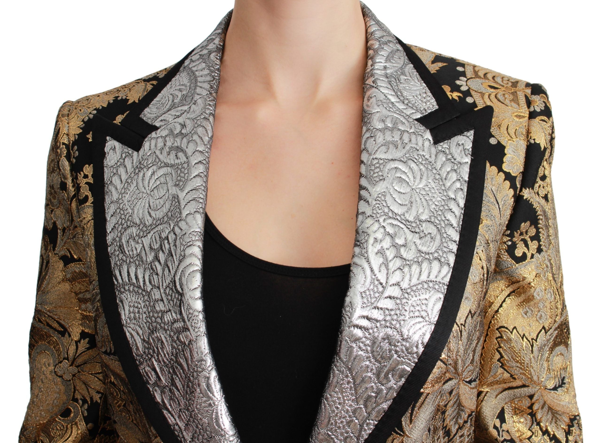 Elegant Gold Floral Jacquard Blazer - ventzia