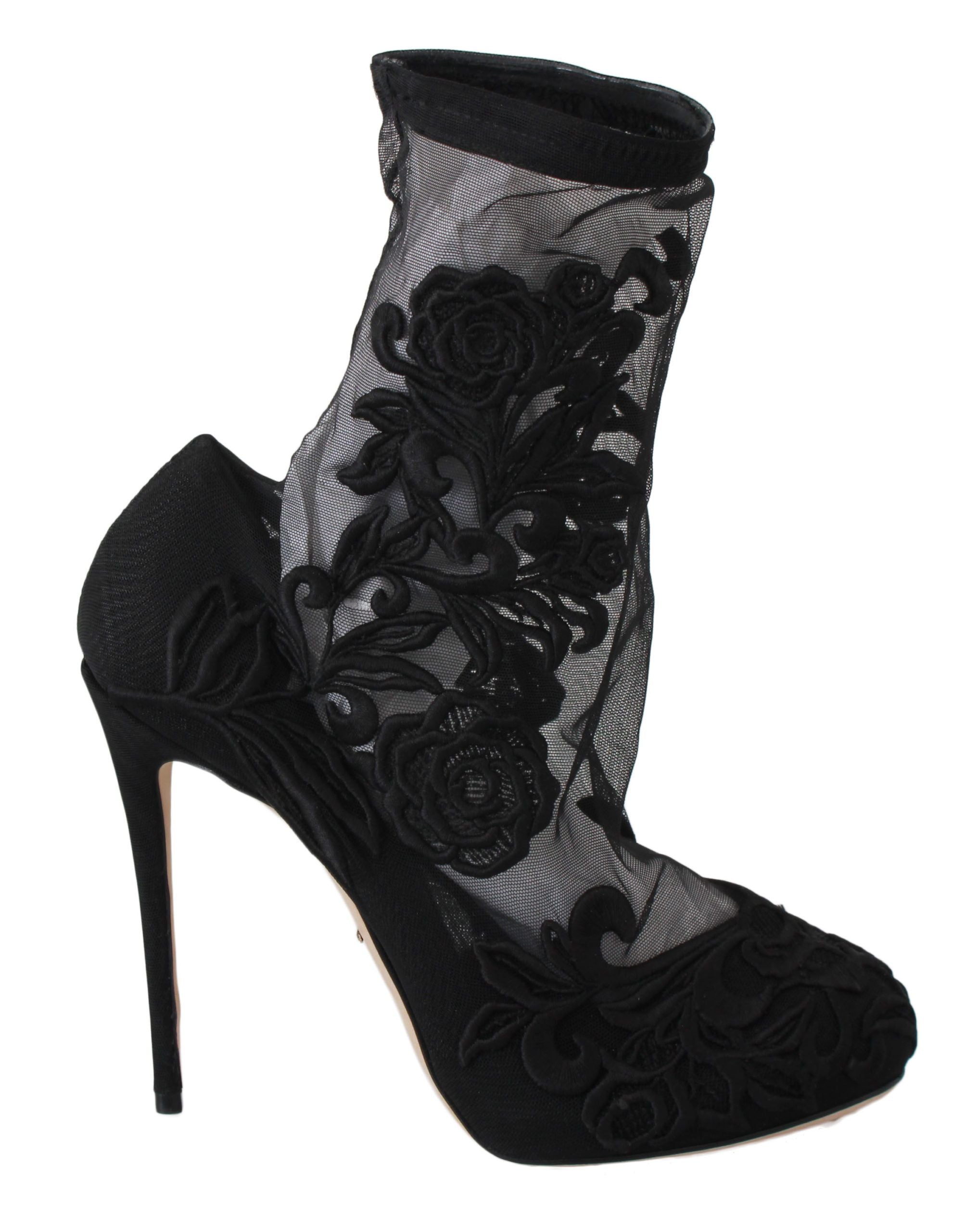 Embroidered Floral Stiletto Socks Booties - ventzia