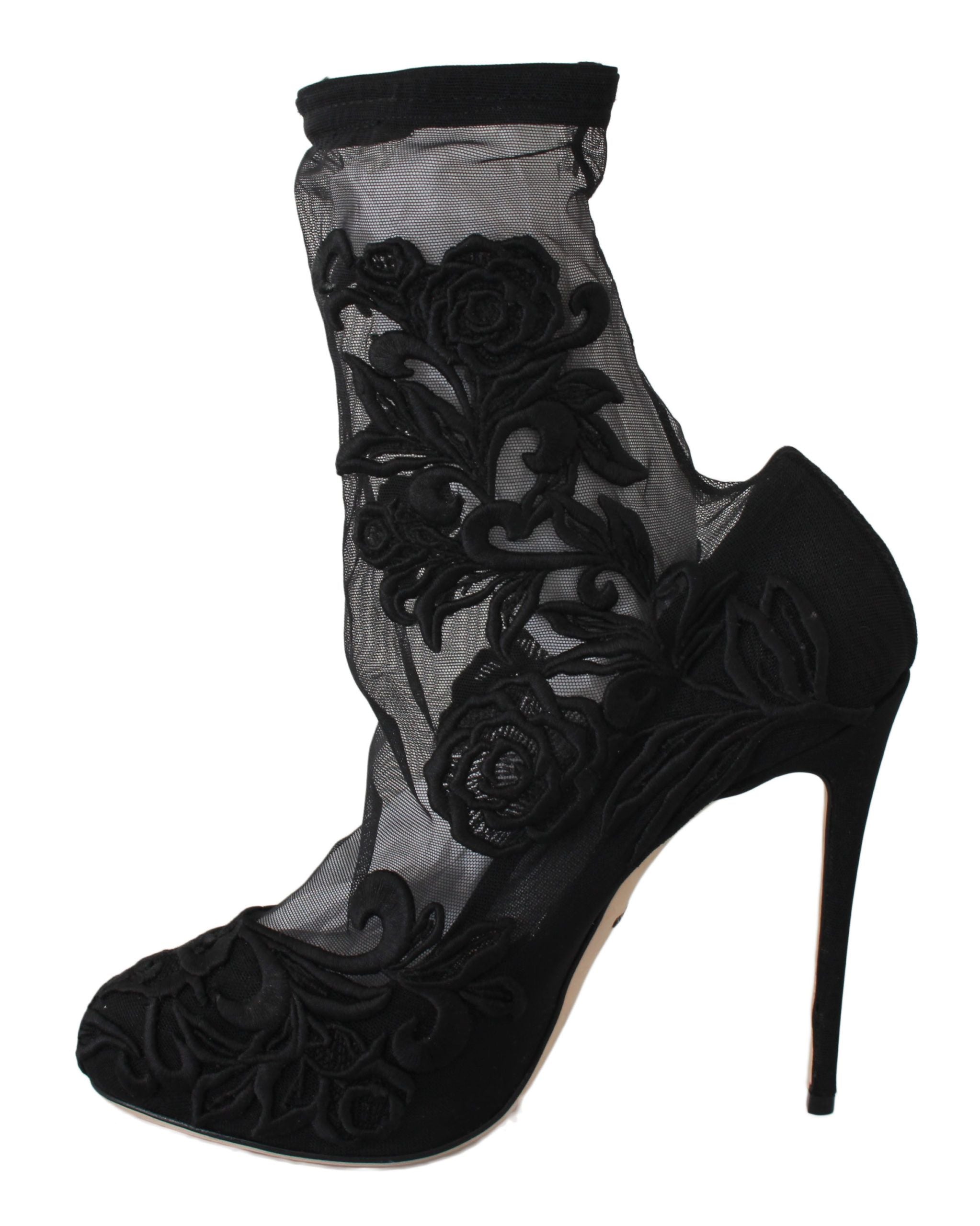Embroidered Floral Stiletto Socks Booties - ventzia