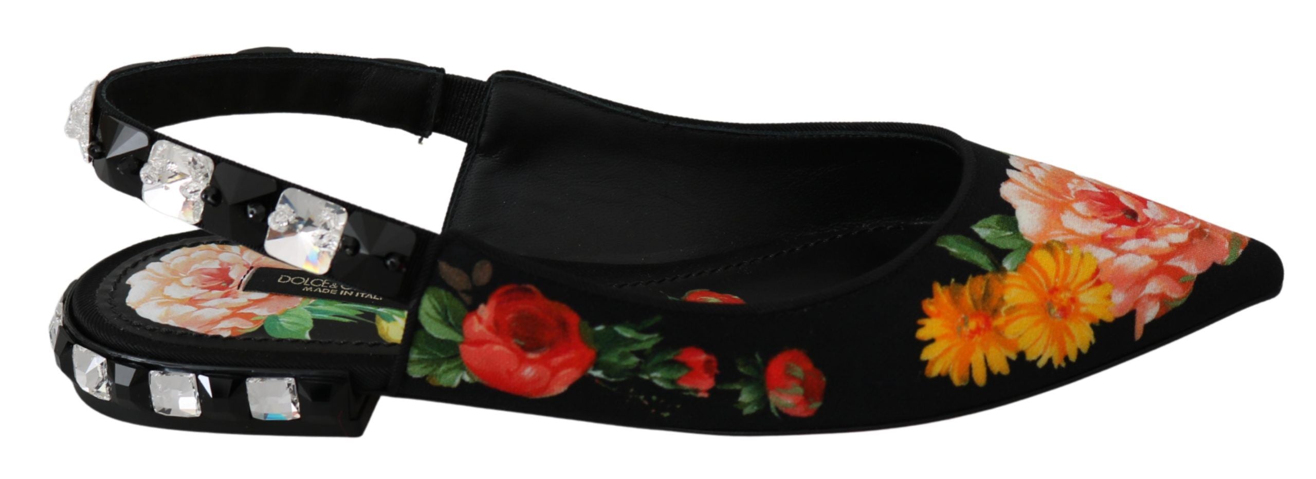 Black Floral Crystal Slingbacks Flats Shoes - ventzia