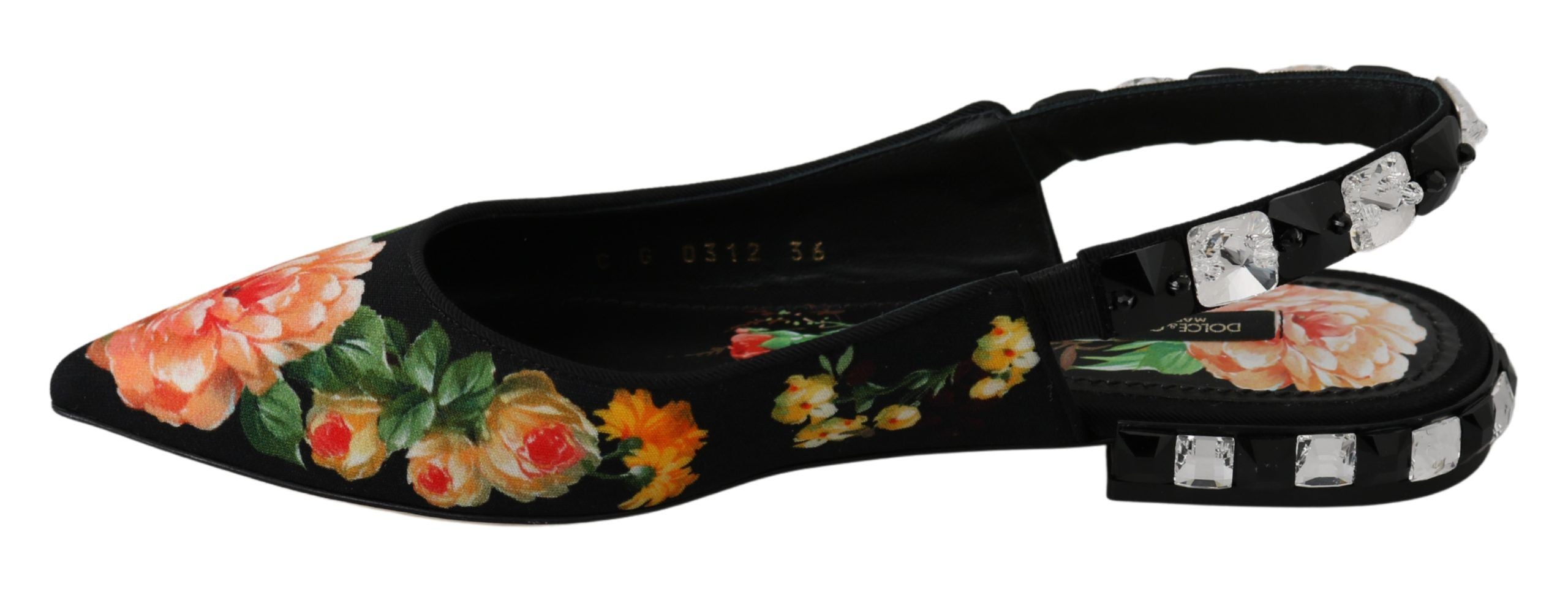 Black Floral Crystal Slingbacks Flats Shoes - ventzia