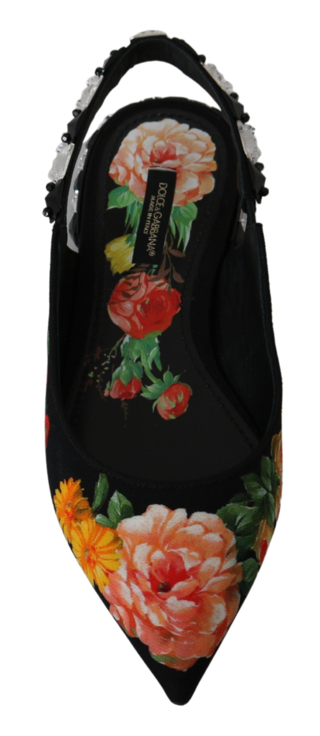 Black Floral Crystal Slingbacks Flats Shoes - ventzia
