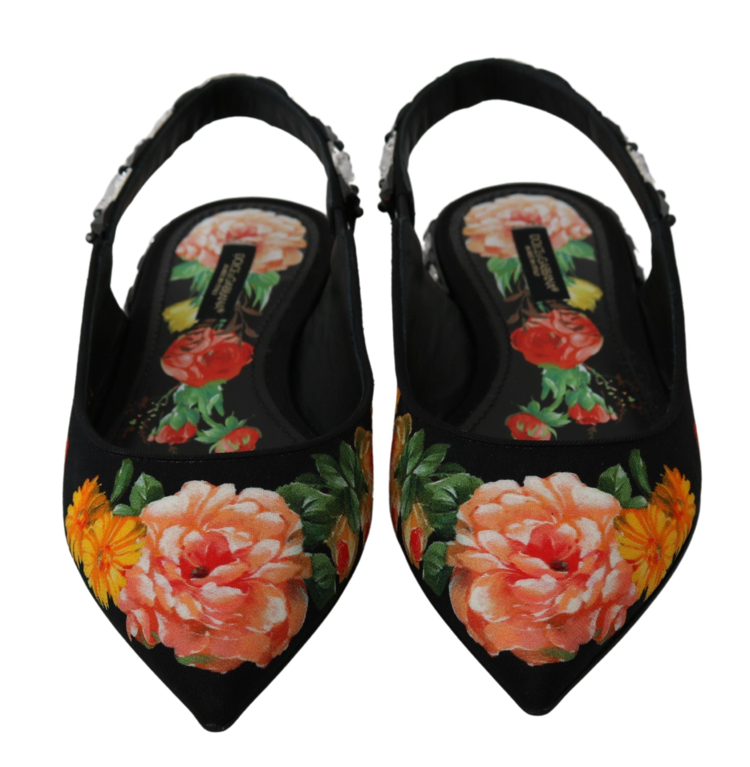 Black Floral Crystal Slingbacks Flats Shoes - ventzia