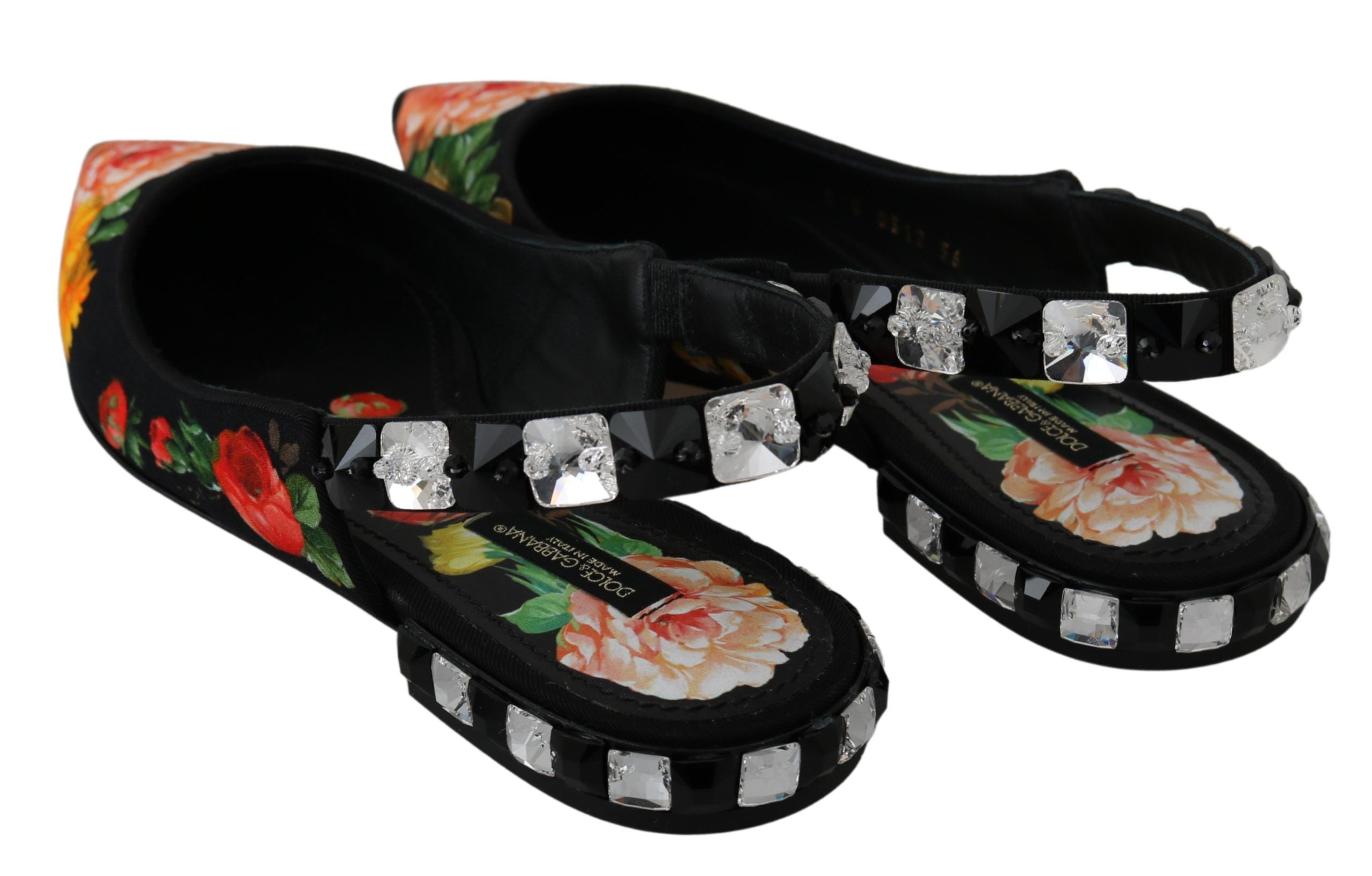 Black Floral Crystal Slingbacks Flats Shoes - ventzia
