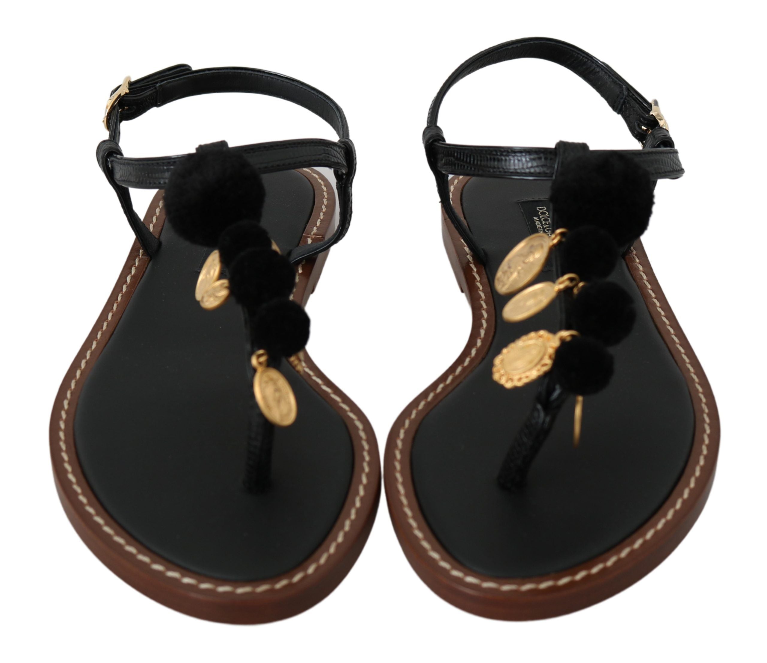 Black Leather Coins Flip Flops Sandals Shoes - ventzia