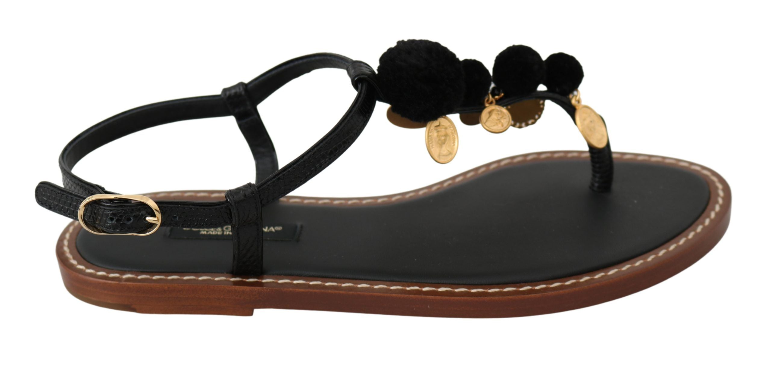 Black Leather Coins Flip Flops Sandals Shoes - ventzia