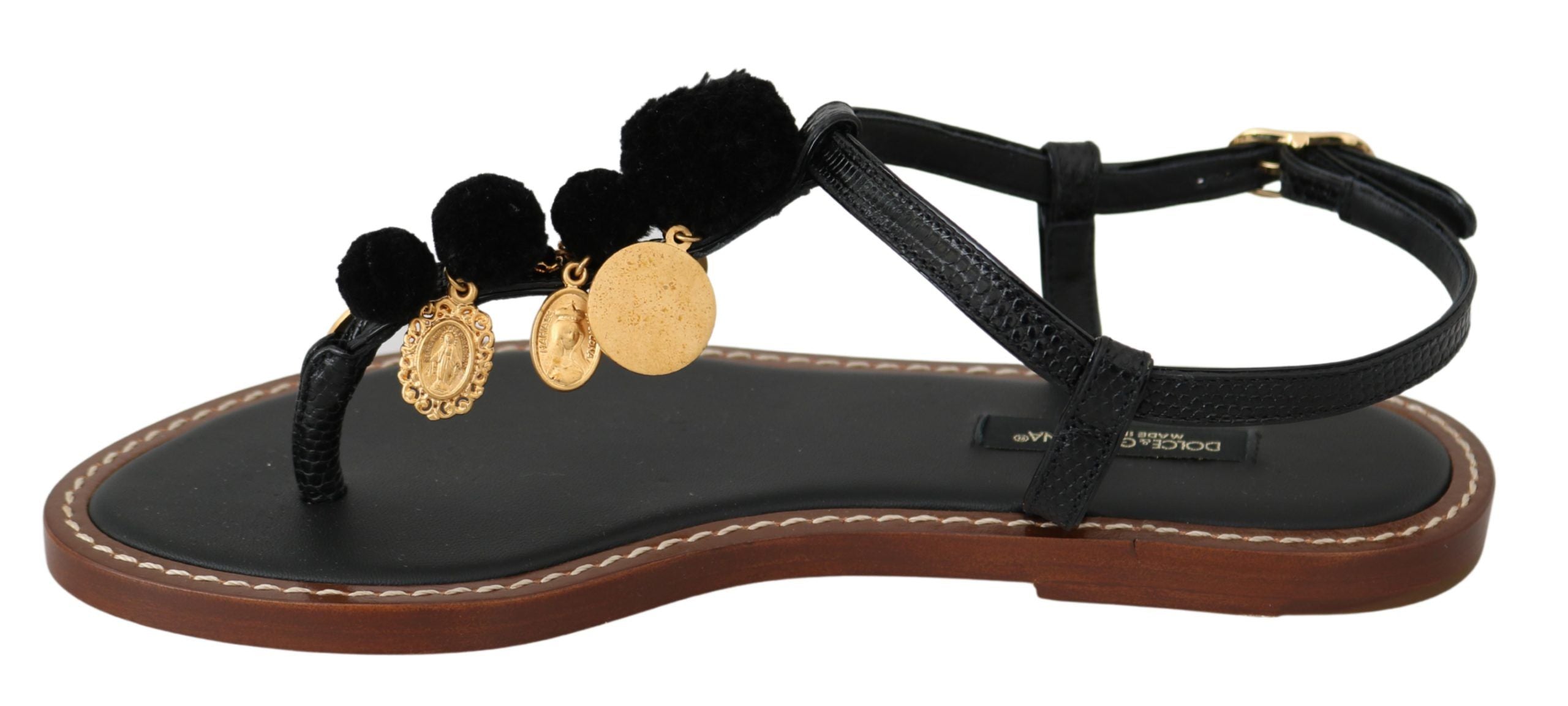 Black Leather Coins Flip Flops Sandals Shoes - ventzia