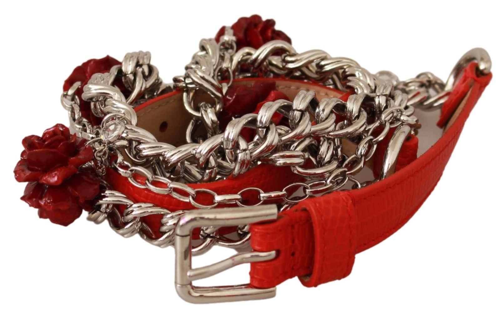 Red Leather Roses Floral Silver Waist Belt - ventzia