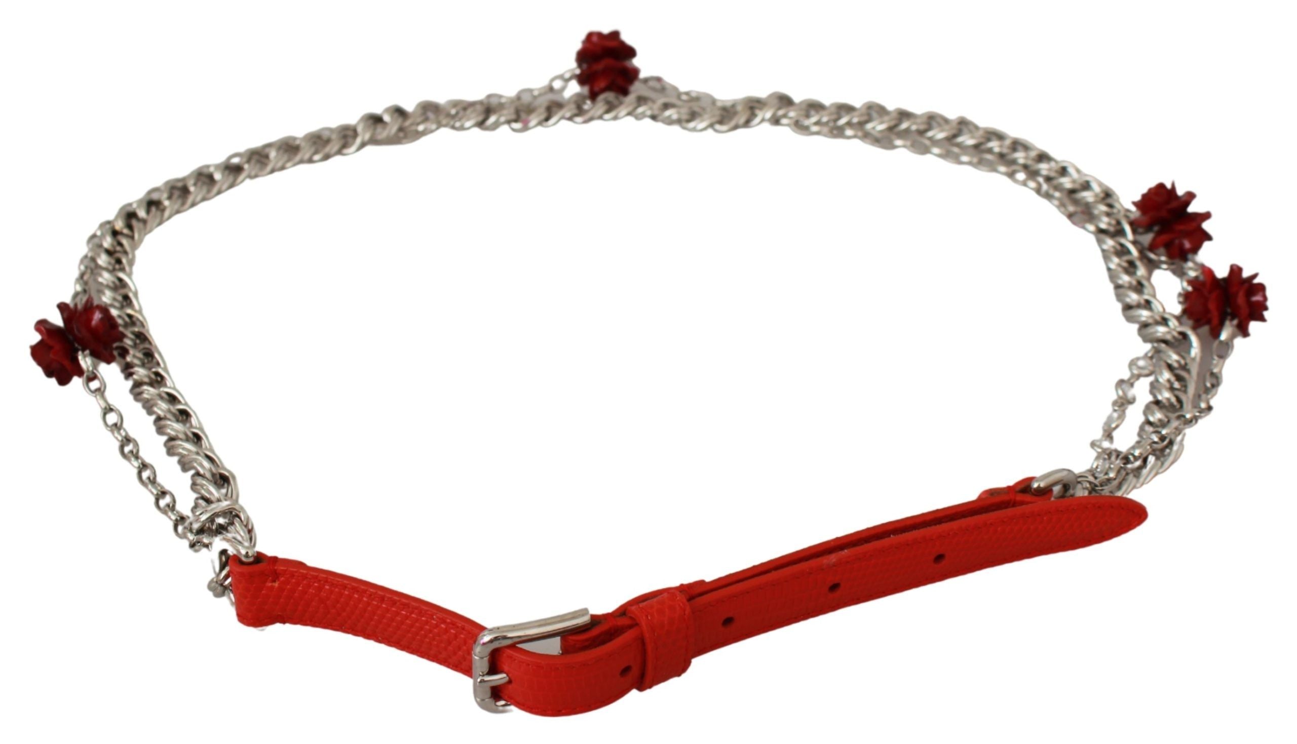 Red Leather Roses Floral Silver Waist Belt - ventzia