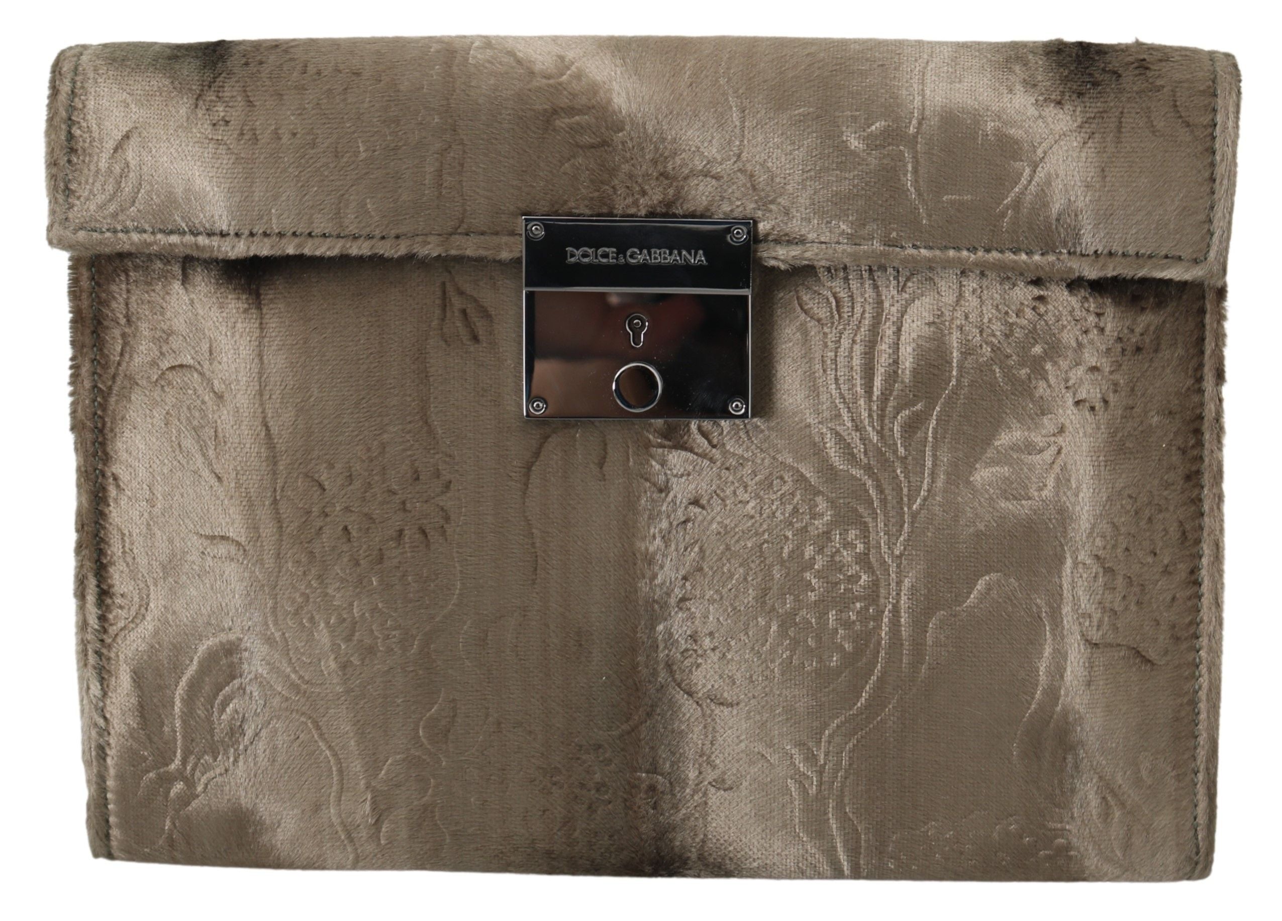 Beige Velvet Croco-Print Leather Briefcase Clutch - ventzia
