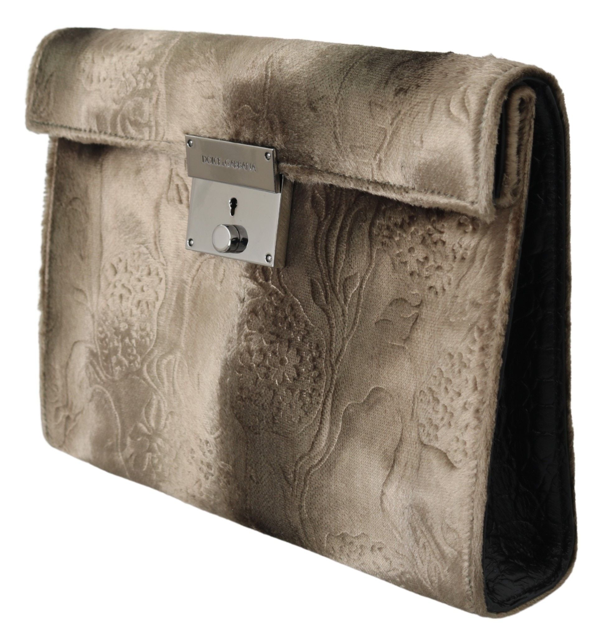 Beige Velvet Croco-Print Leather Briefcase Clutch - ventzia
