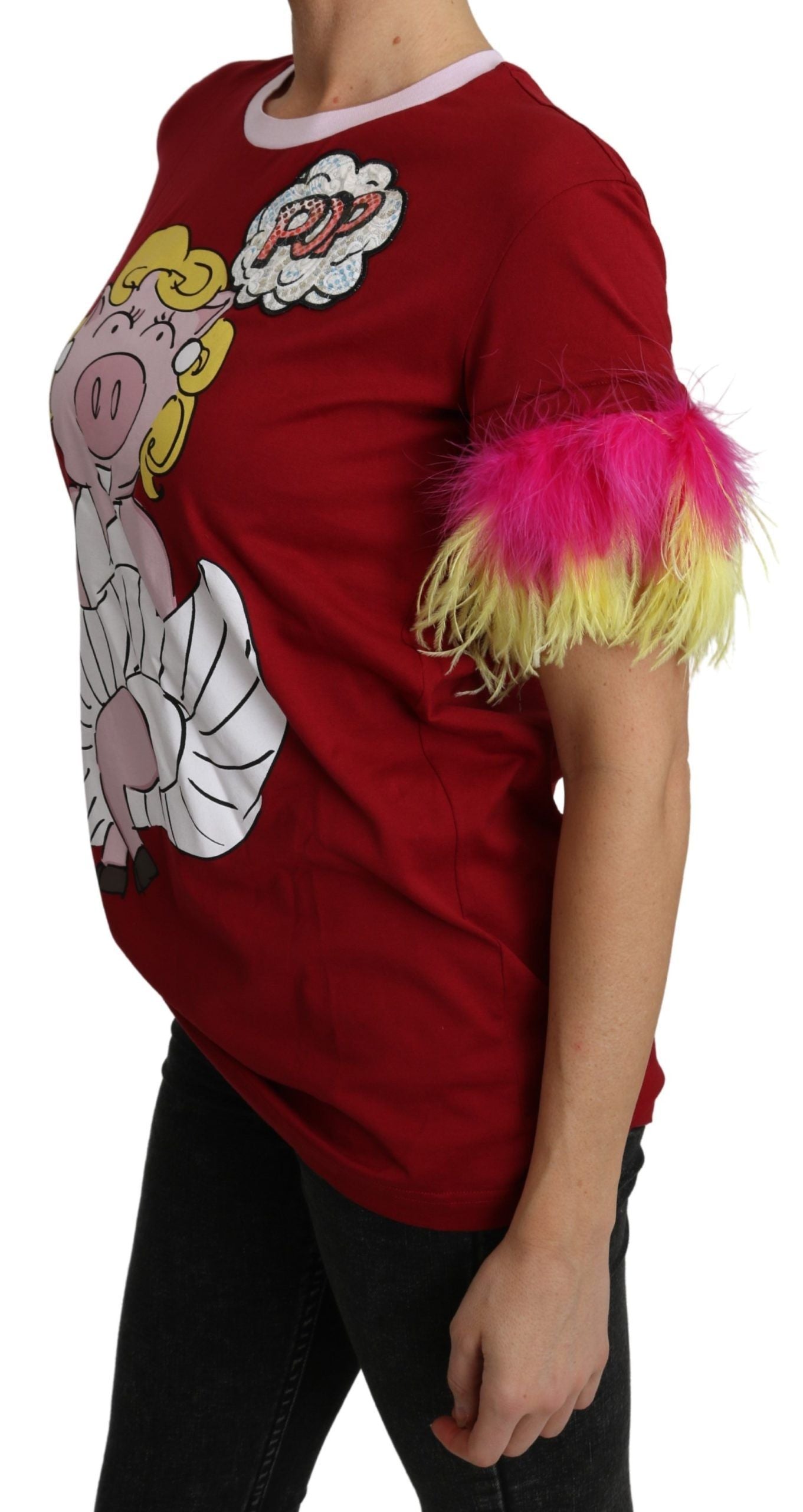 Chic Red Pig Print Crew Neck T-Shirt - ventzia