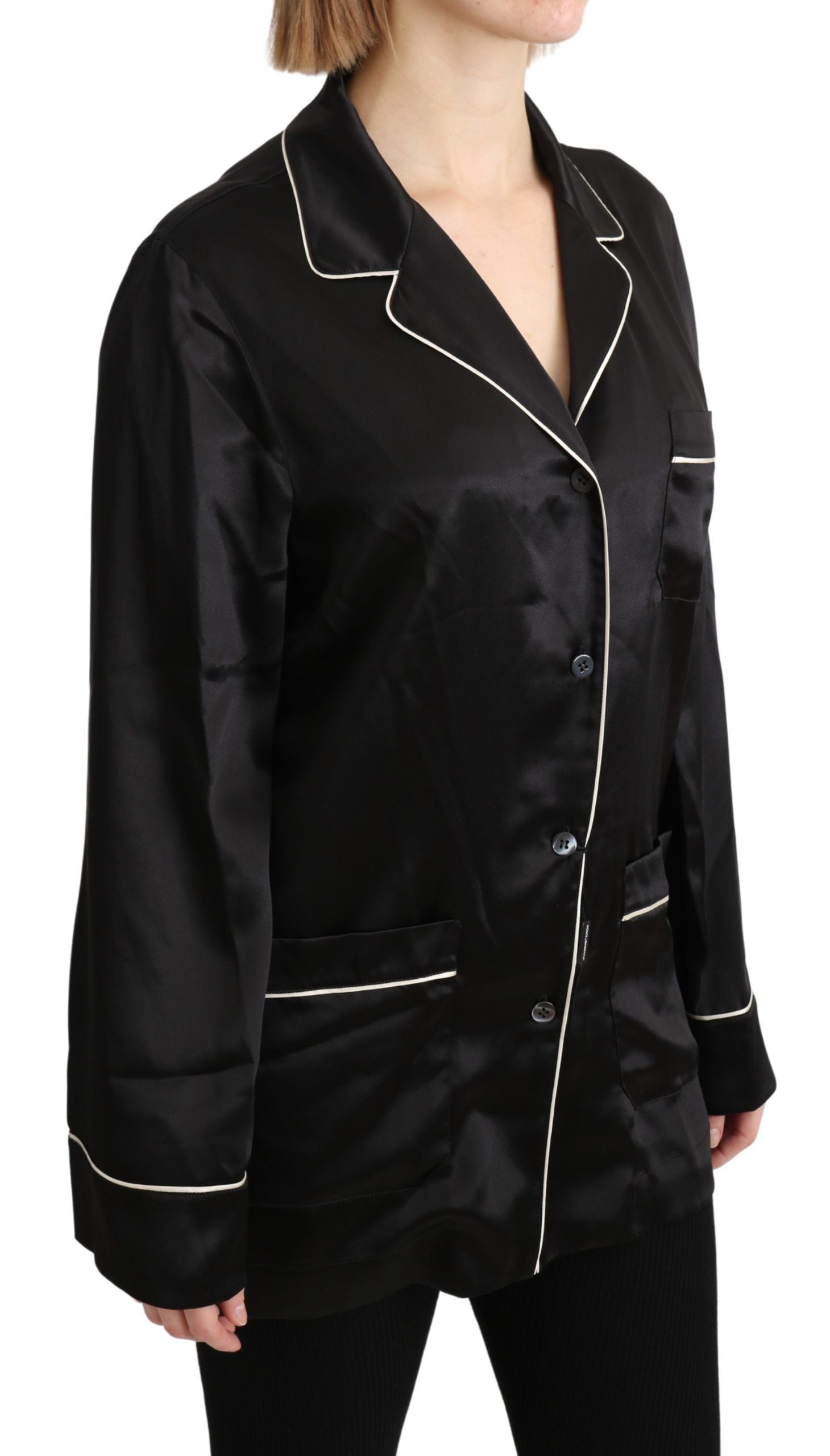Elegant Silk Black Button-Up Blouse - ventzia
