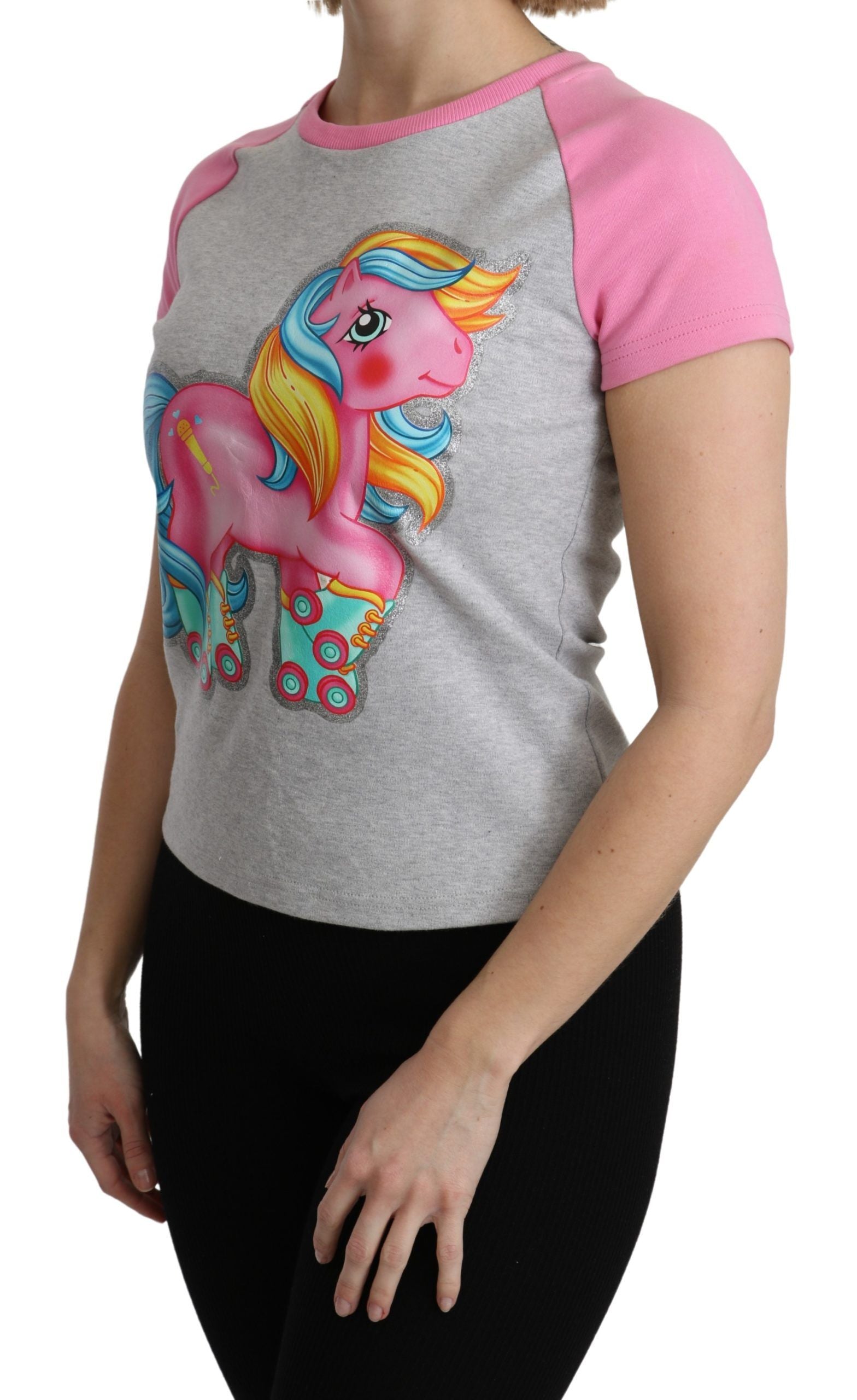 Chic Gray Crew Neck Cotton T-shirt with Pink Accents - ventzia