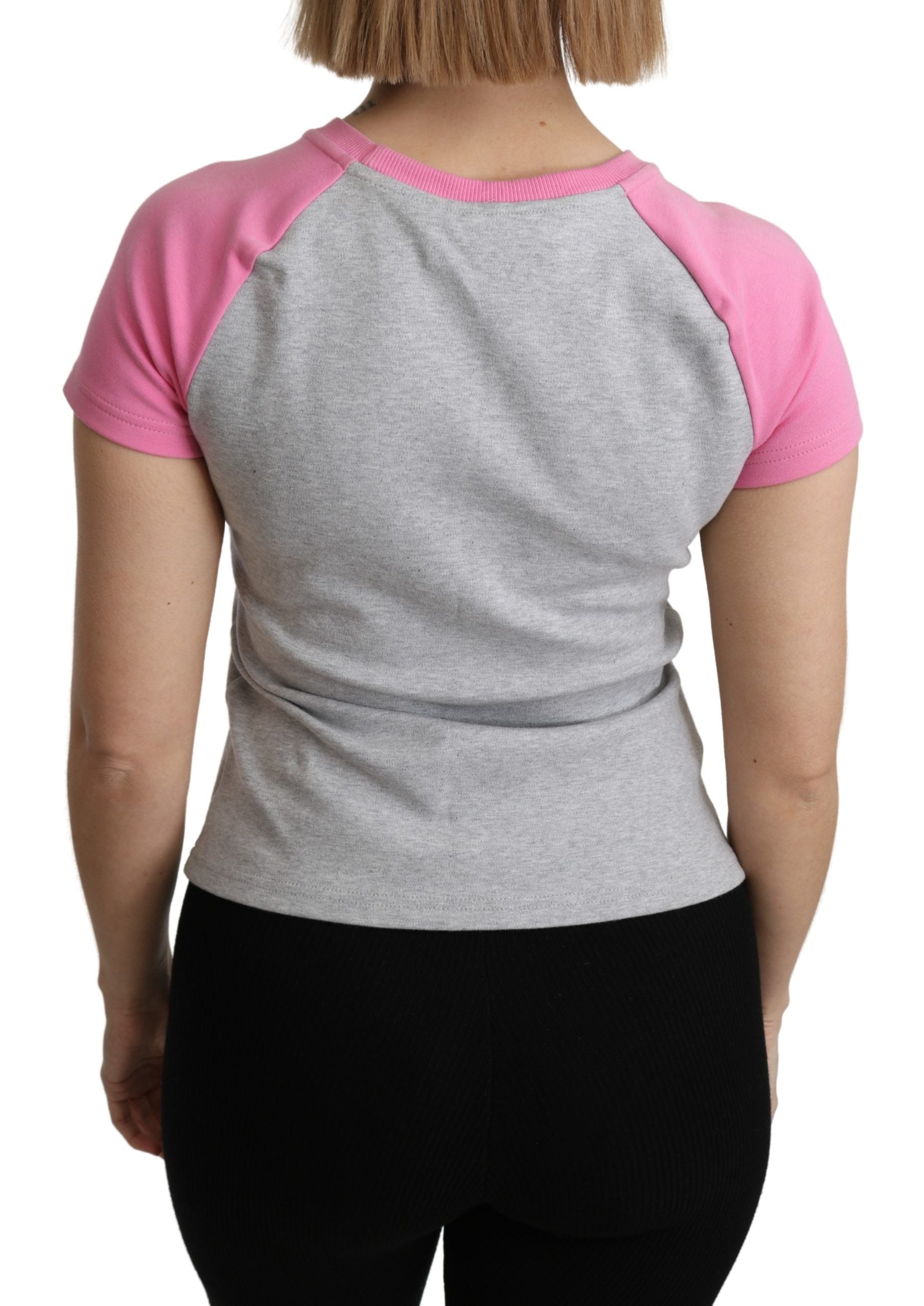 Chic Gray Crew Neck Cotton T-shirt with Pink Accents - ventzia