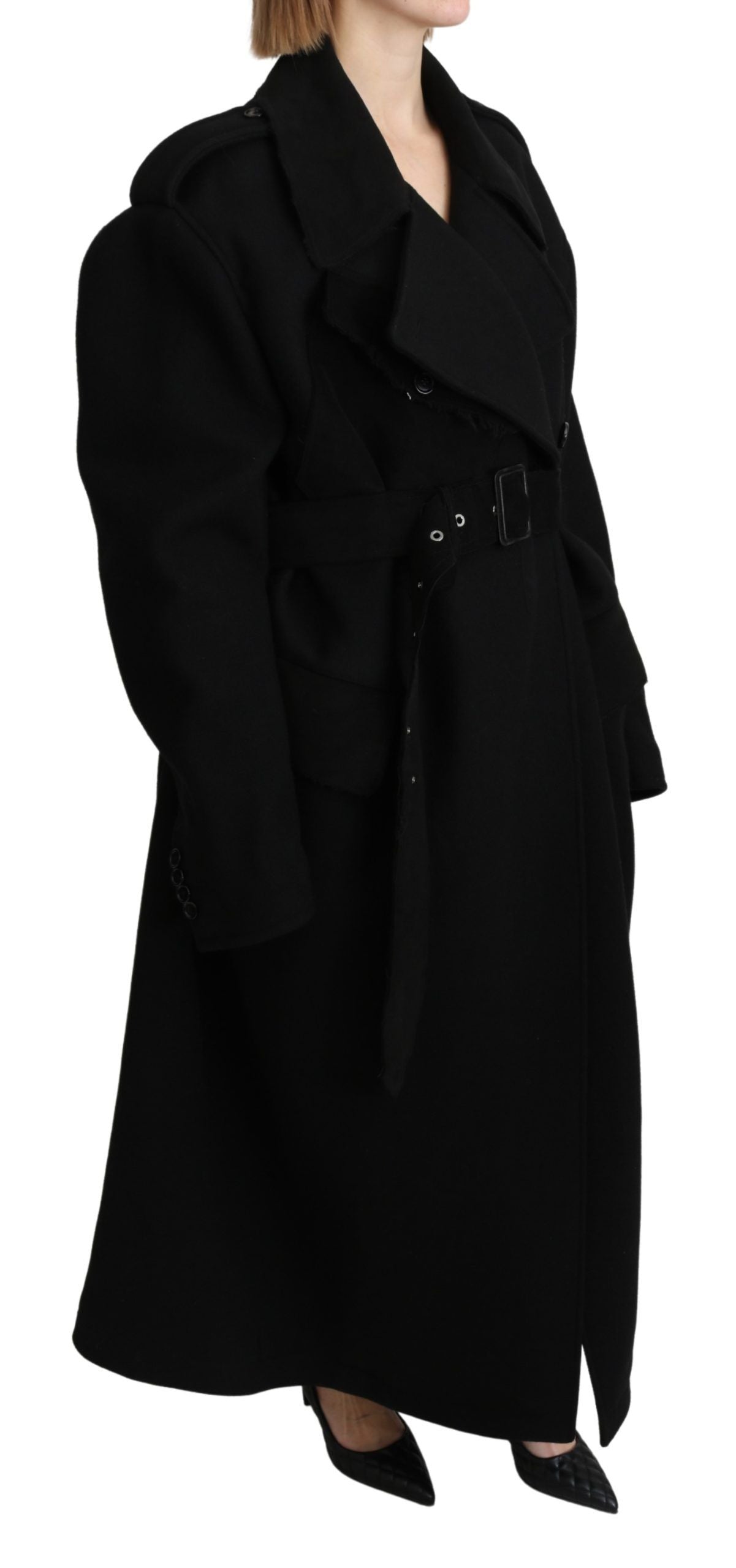 Elegant Black Wool Trenchcoat - ventzia
