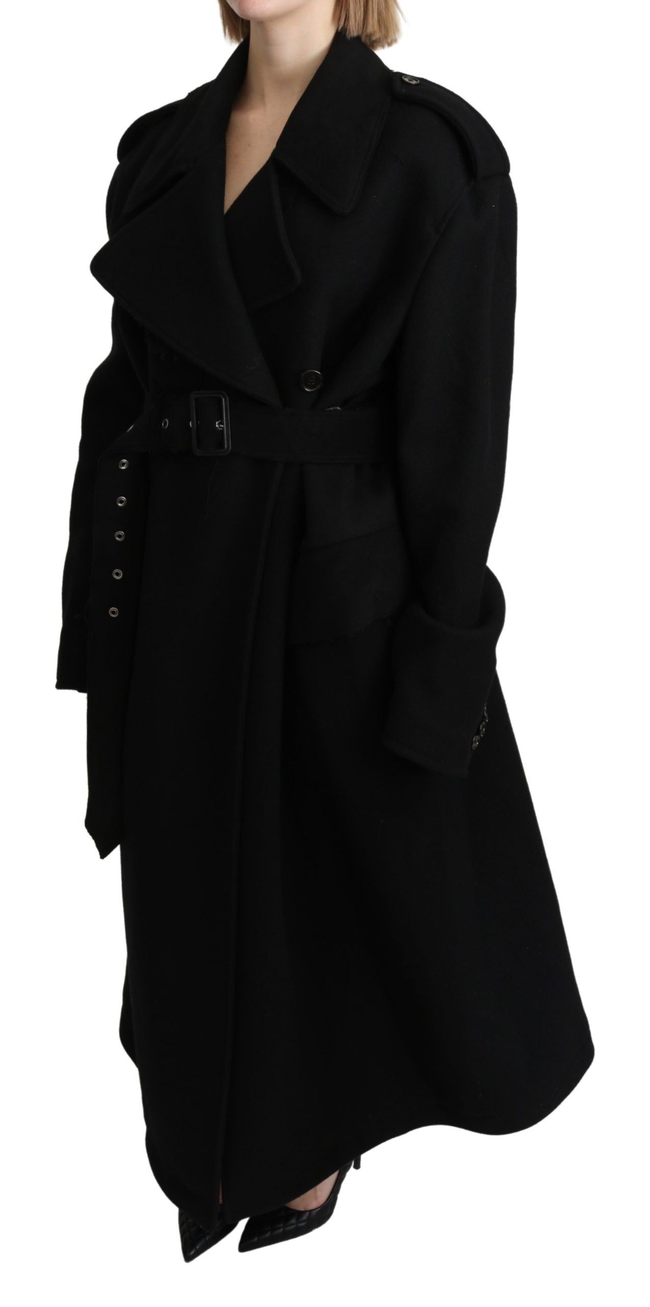 Elegant Black Wool Trenchcoat - ventzia