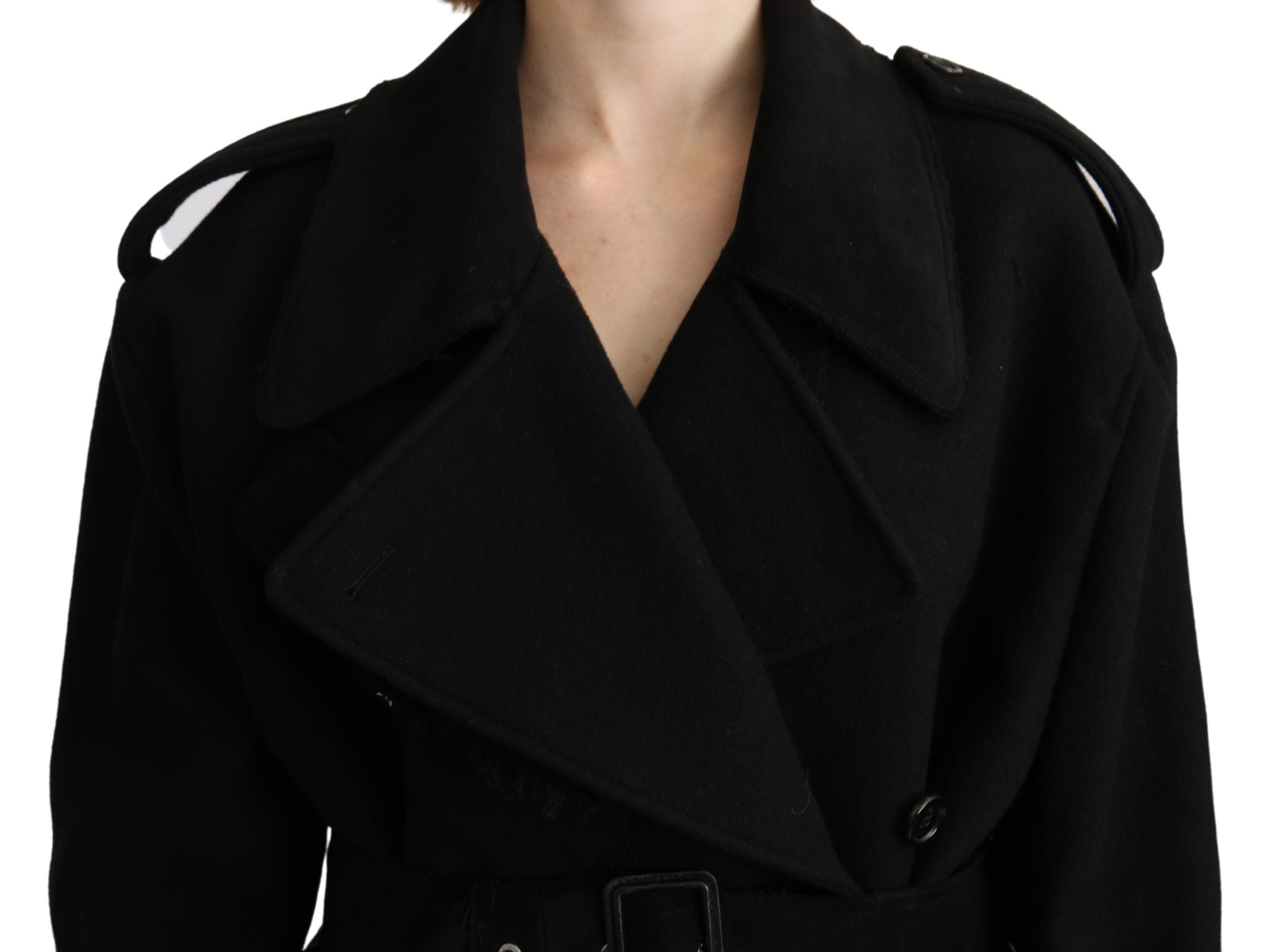Elegant Black Wool Trenchcoat - ventzia