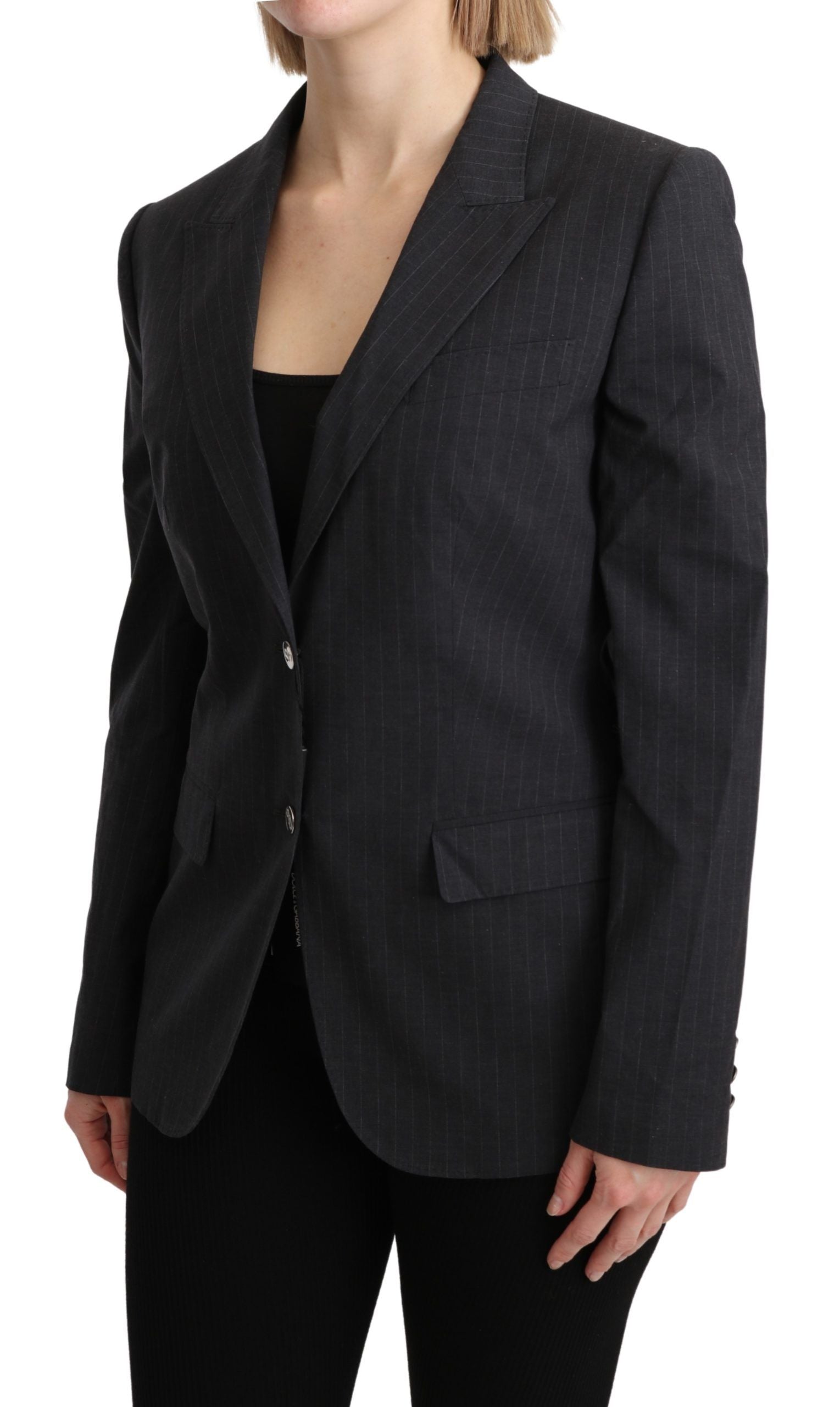 Elegant Gray Striped Cotton Blazer - ventzia