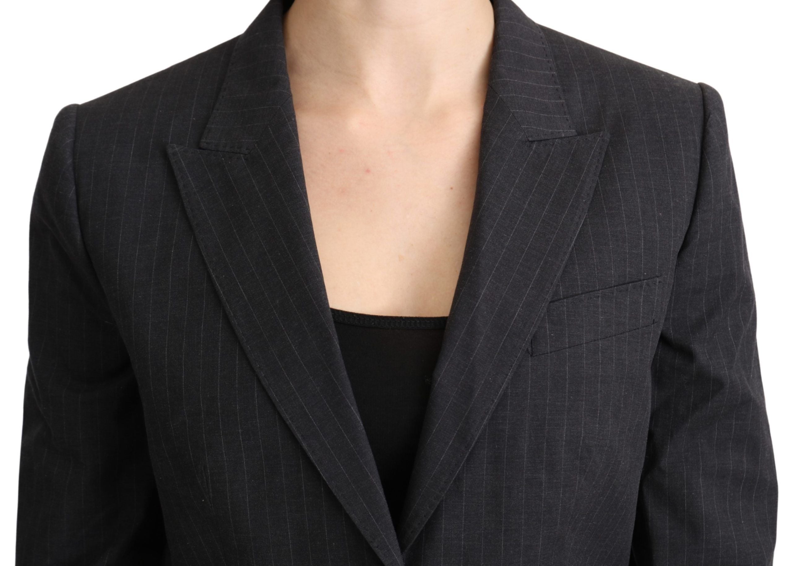 Elegant Gray Striped Cotton Blazer - ventzia