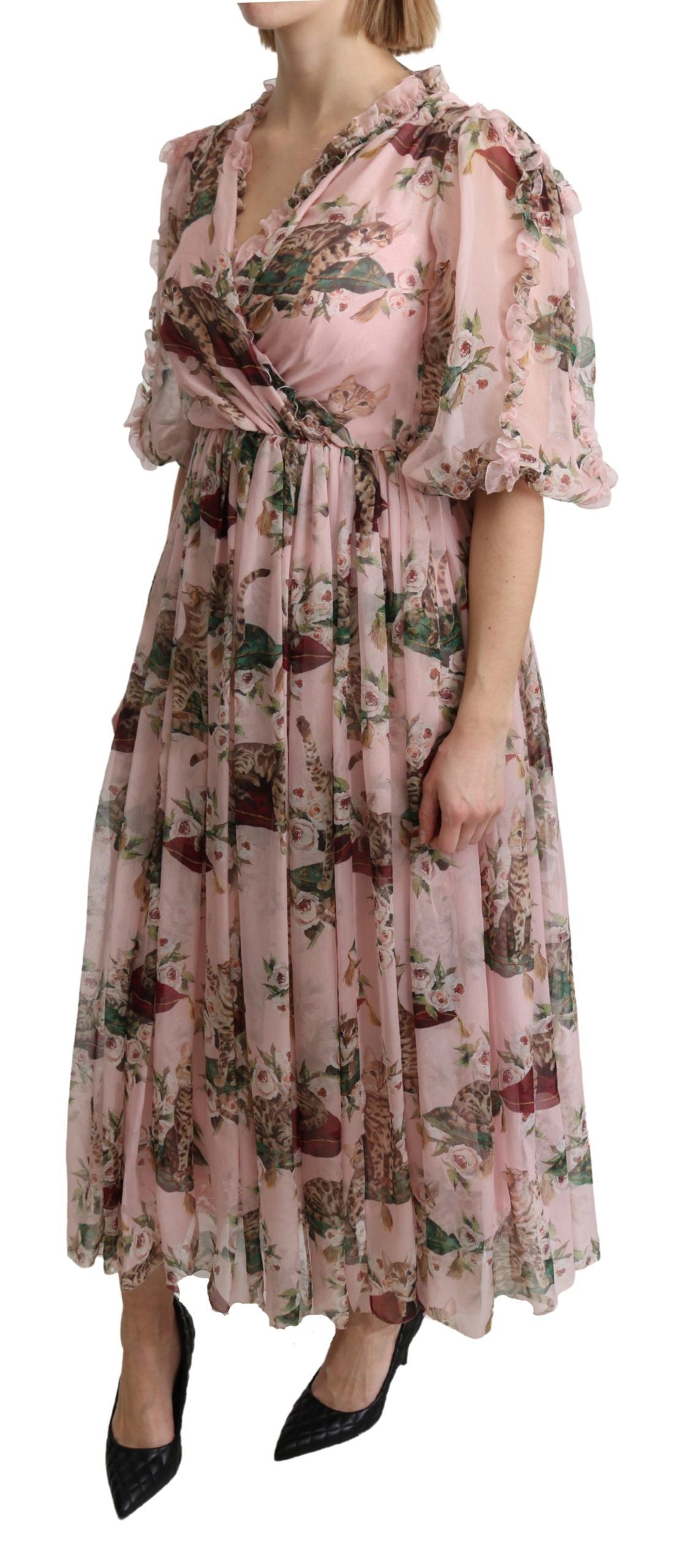 Elegant Pink Bengal Cat Print A-Line Maxi Dress - ventzia
