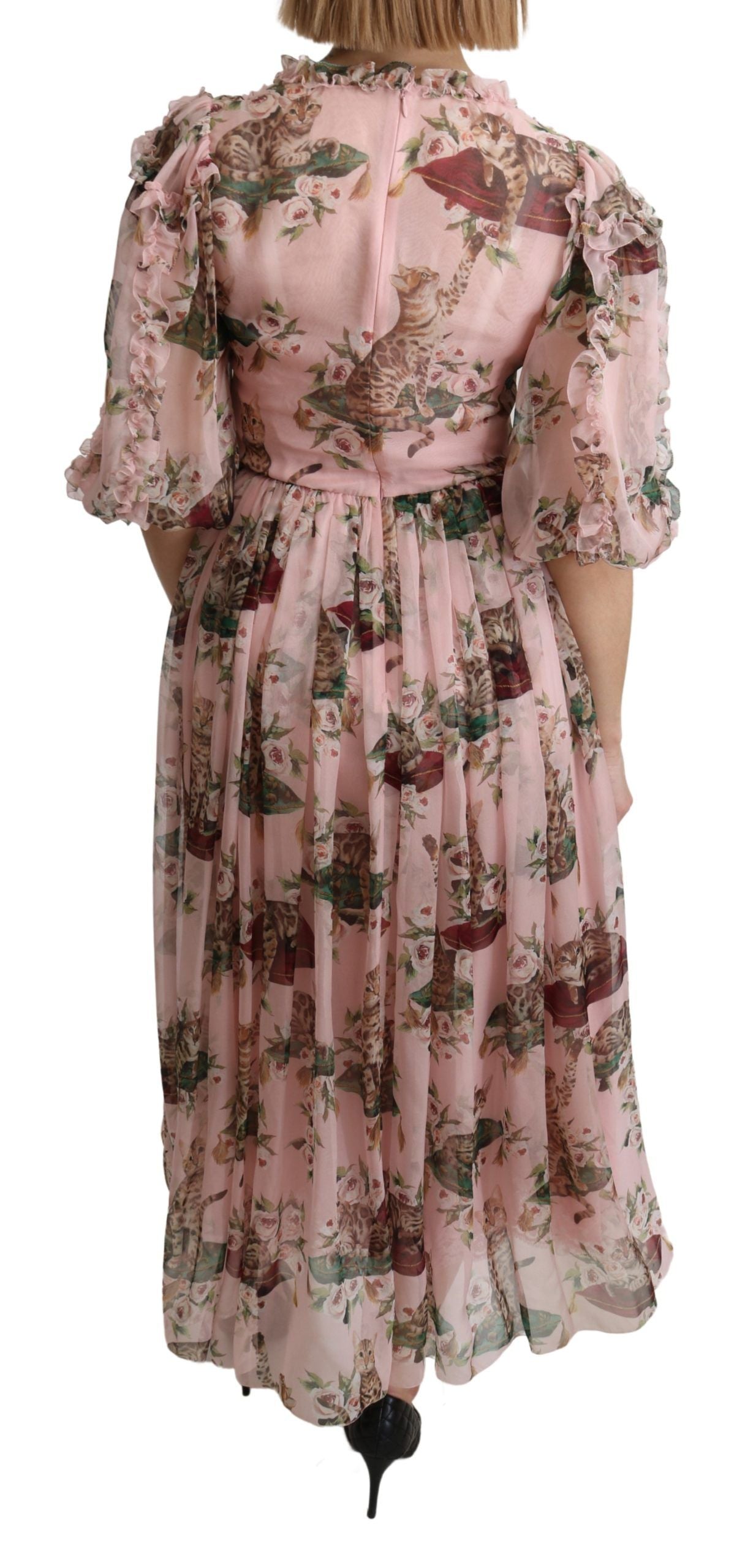 Elegant Pink Bengal Cat Print A-Line Maxi Dress - ventzia