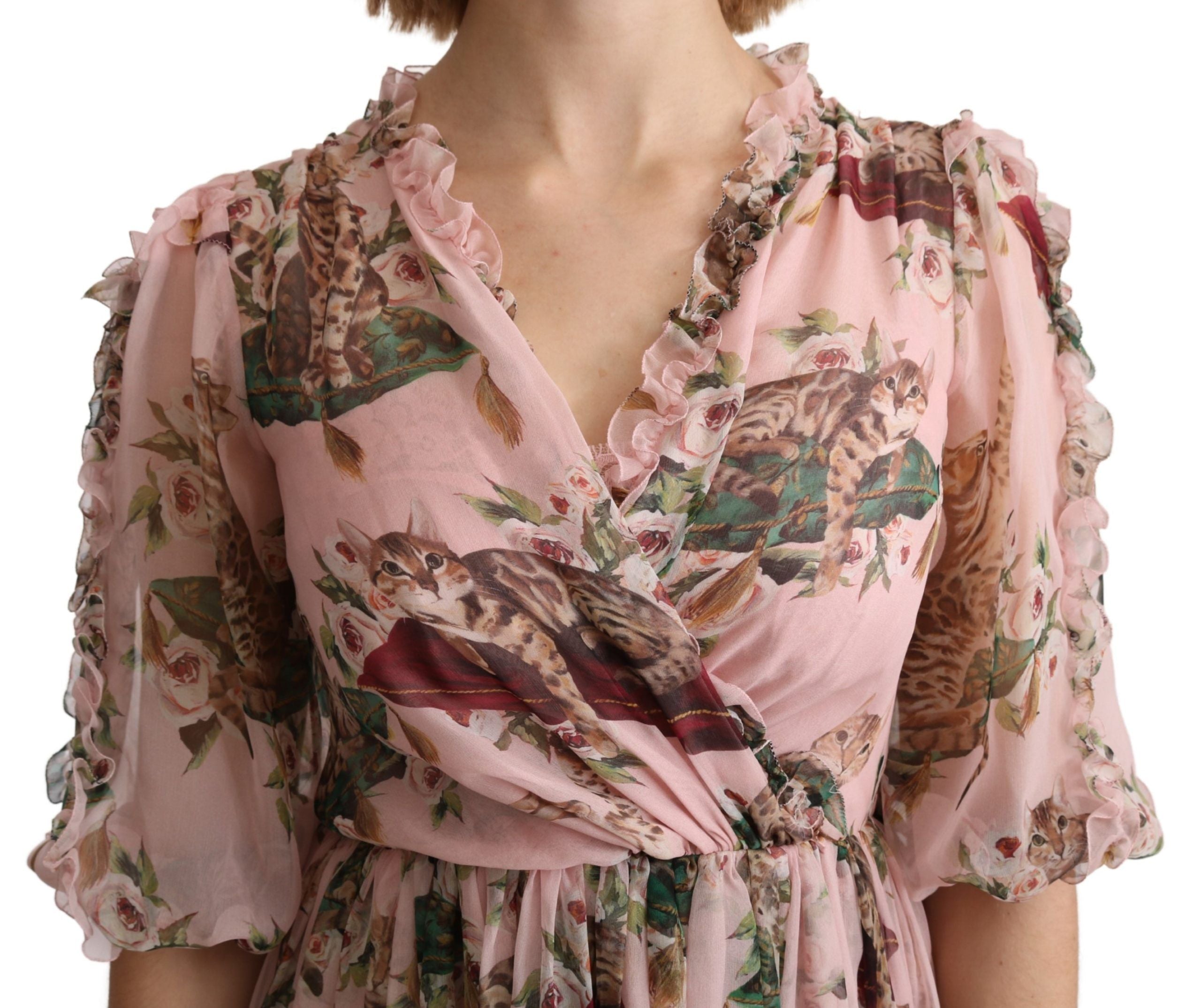 Elegant Pink Bengal Cat Print A-Line Maxi Dress - ventzia