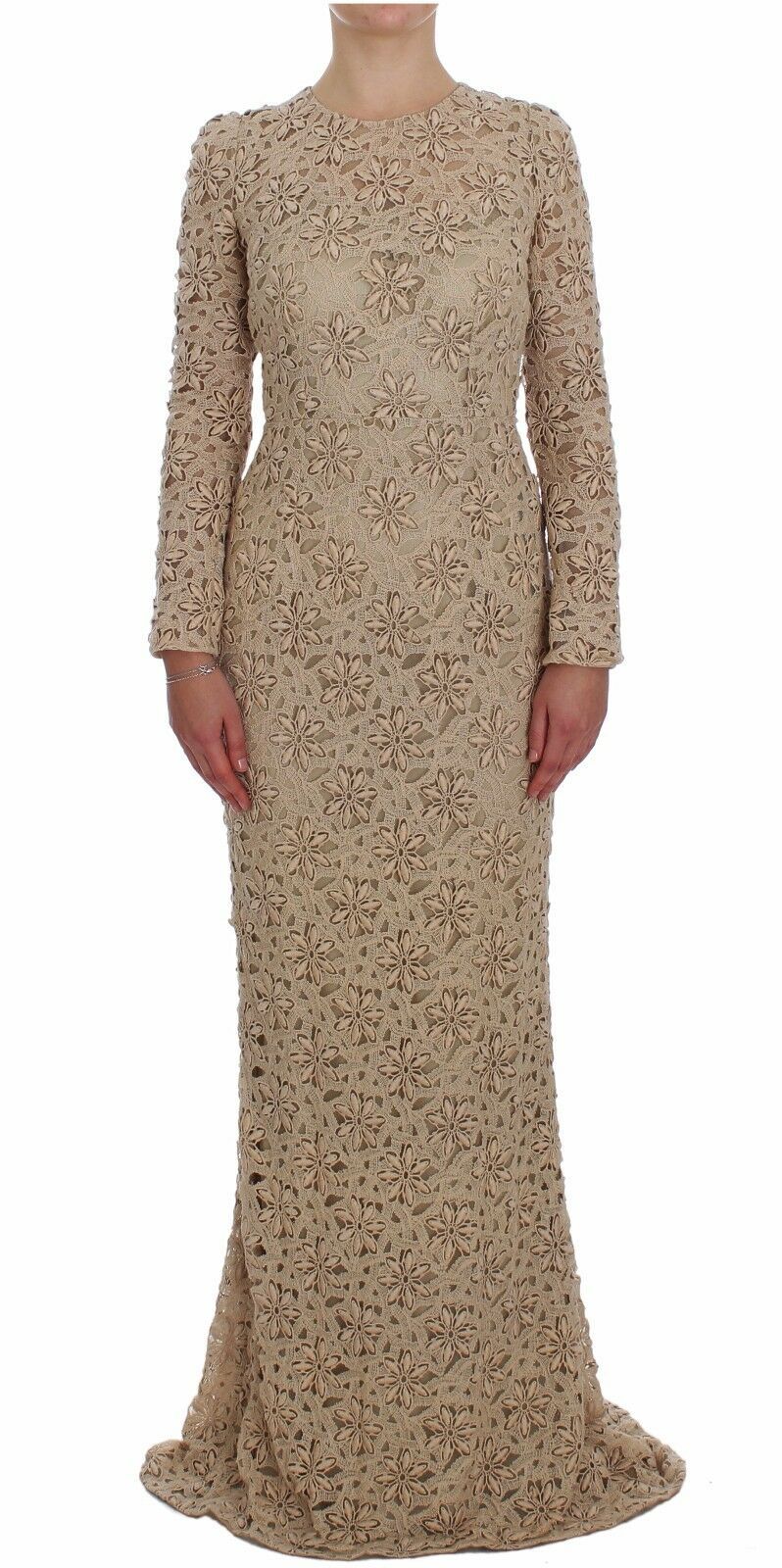 Beige Floral Lace Long Sleeve Maxi Dress - ventzia