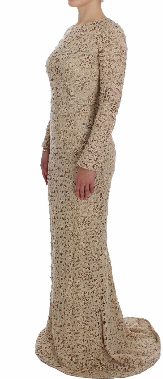 Beige Floral Lace Long Sleeve Maxi Dress - ventzia