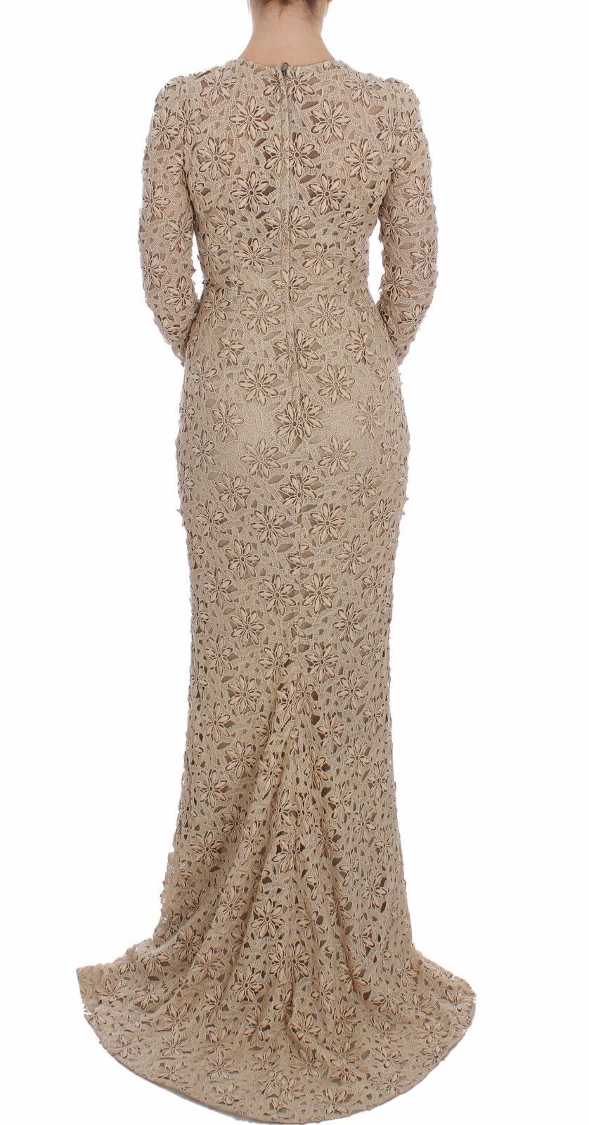 Beige Floral Lace Long Sleeve Maxi Dress - ventzia