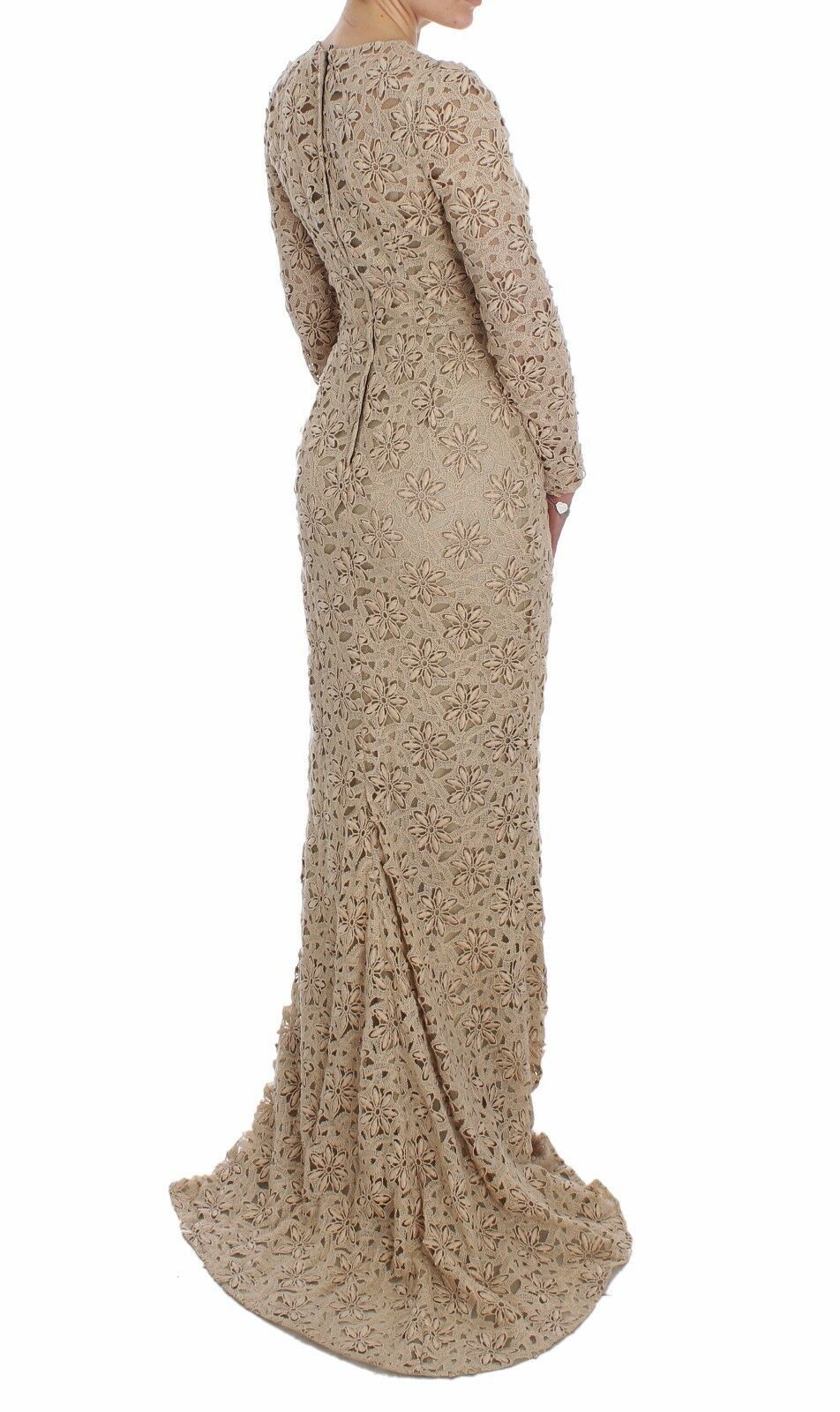 Beige Floral Lace Long Sleeve Maxi Dress - ventzia