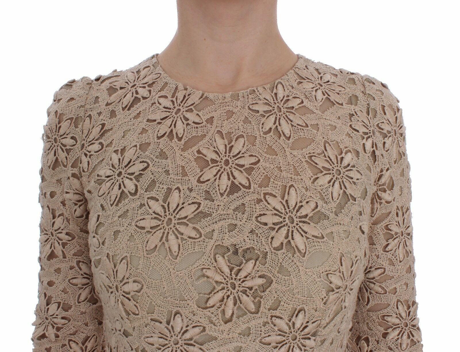 Beige Floral Lace Long Sleeve Maxi Dress - ventzia